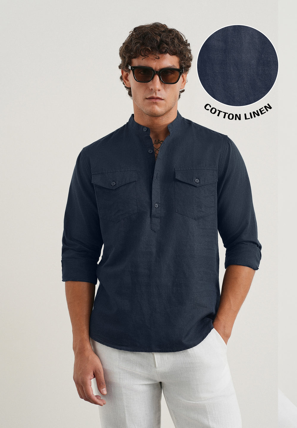 Navy Cotton Linen Short Kurta