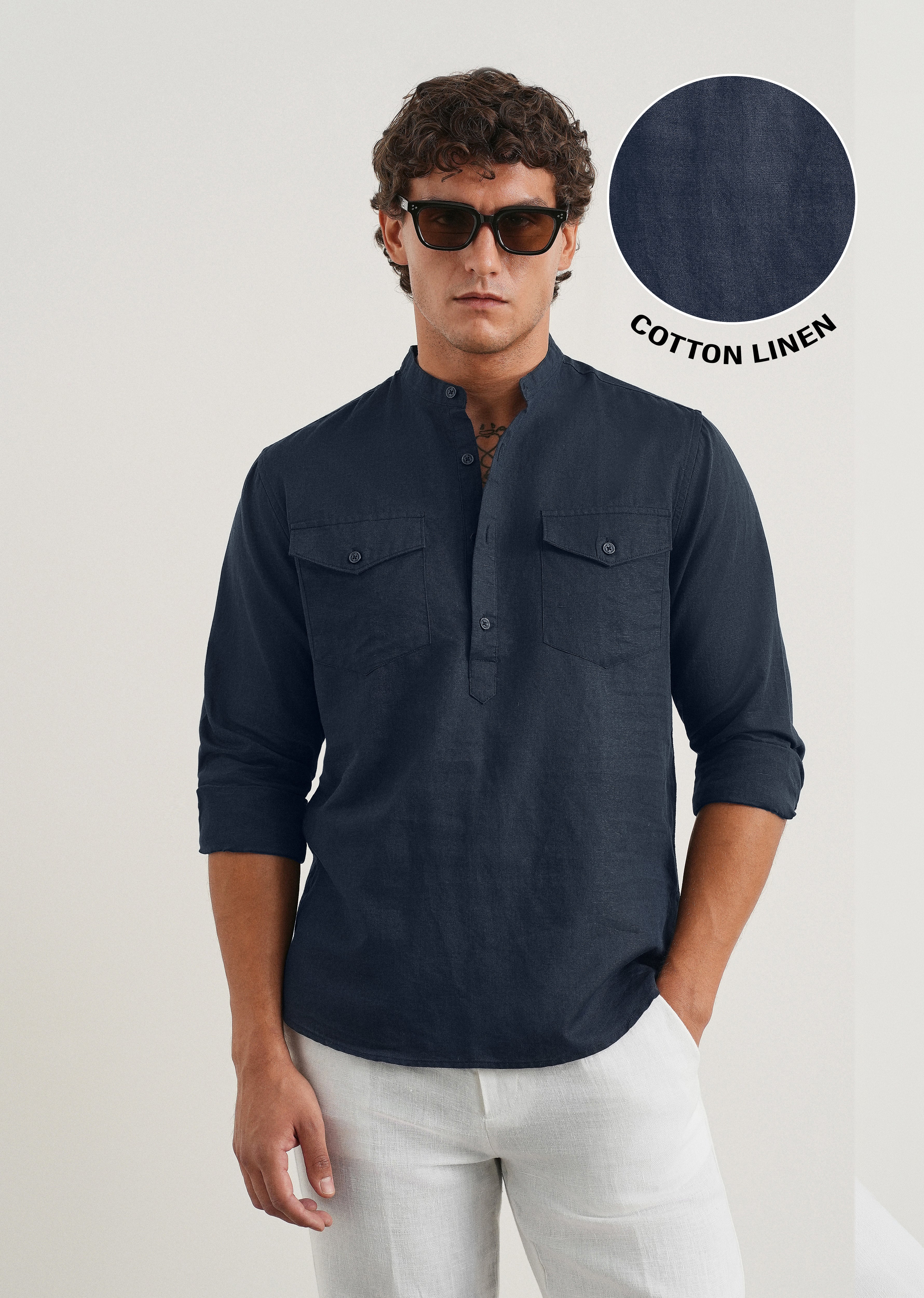 Navy Cotton Linen Short Kurta