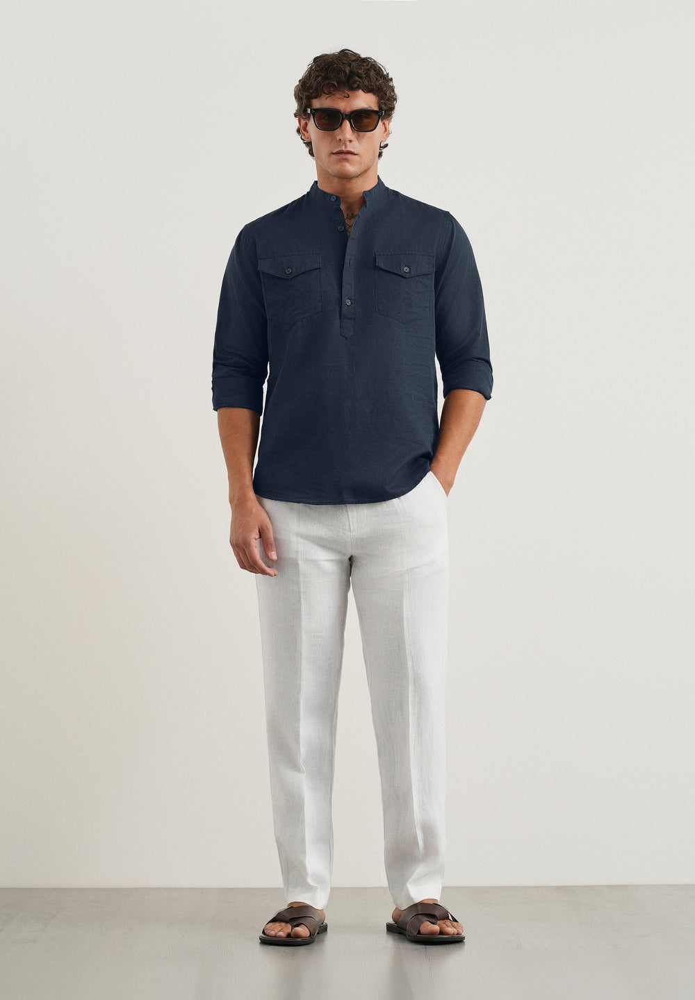 Navy Cotton Linen Short Kurta