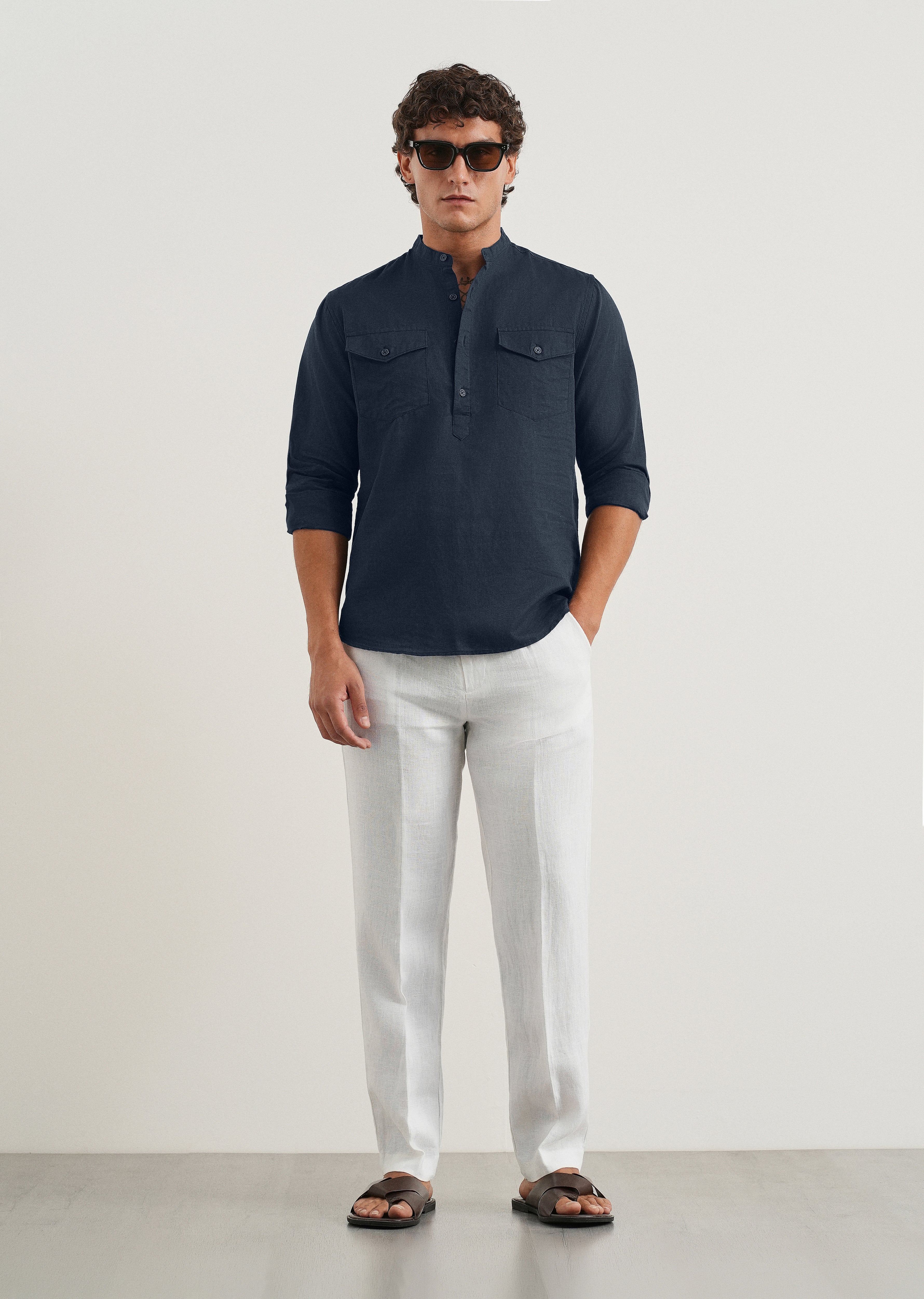 Navy Cotton Linen Short Kurta