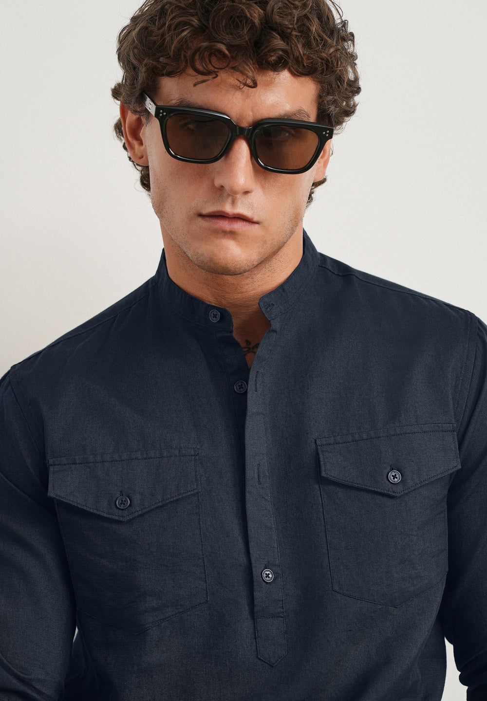 Navy Cotton Linen Short Kurta