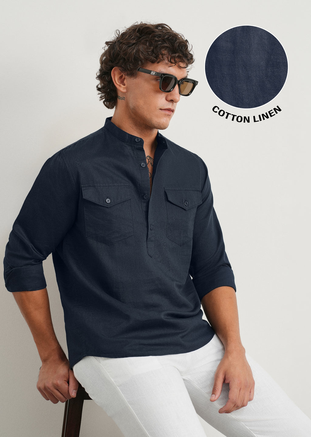 Navy Cotton Linen Half Placket Shirt