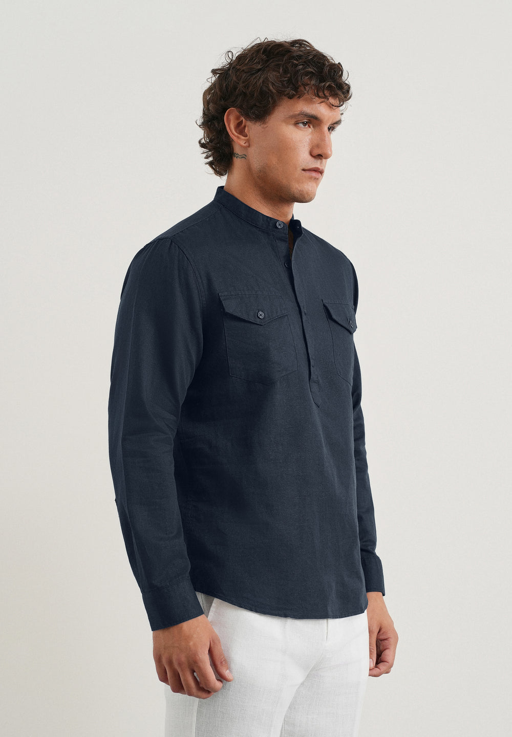 Navy Cotton Linen Short Kurta
