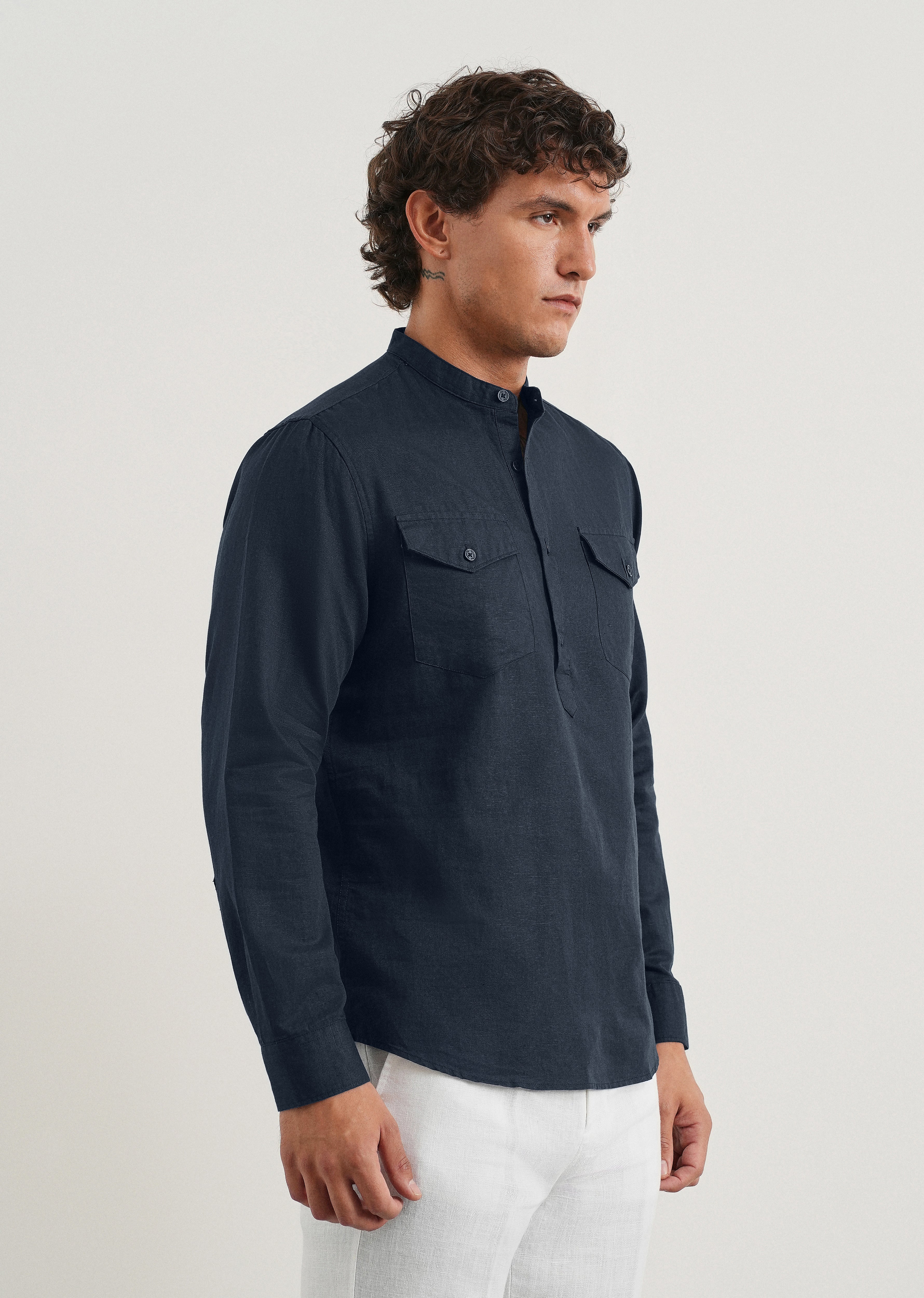 Navy Cotton Linen Short Kurta