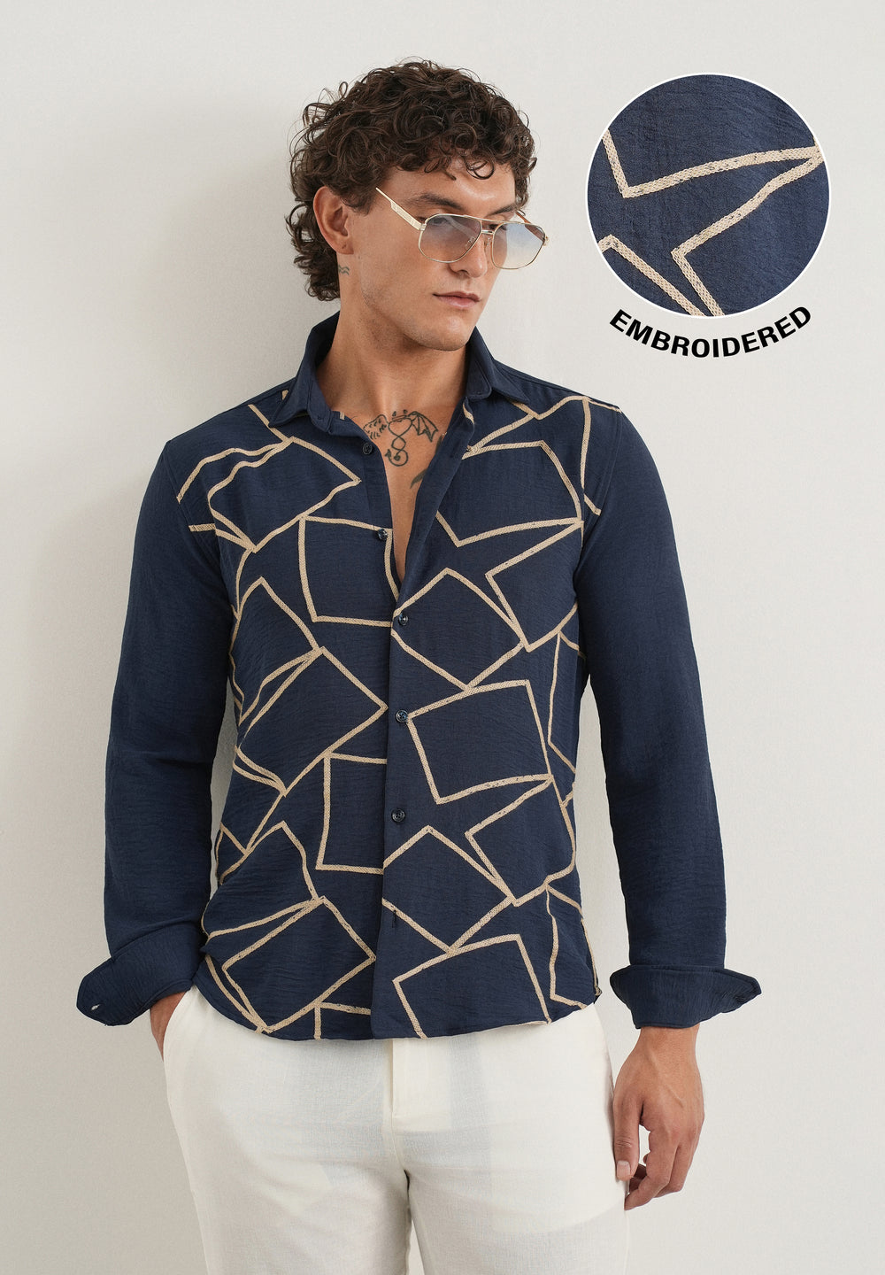 Navy Geometric Embroidered Shirt