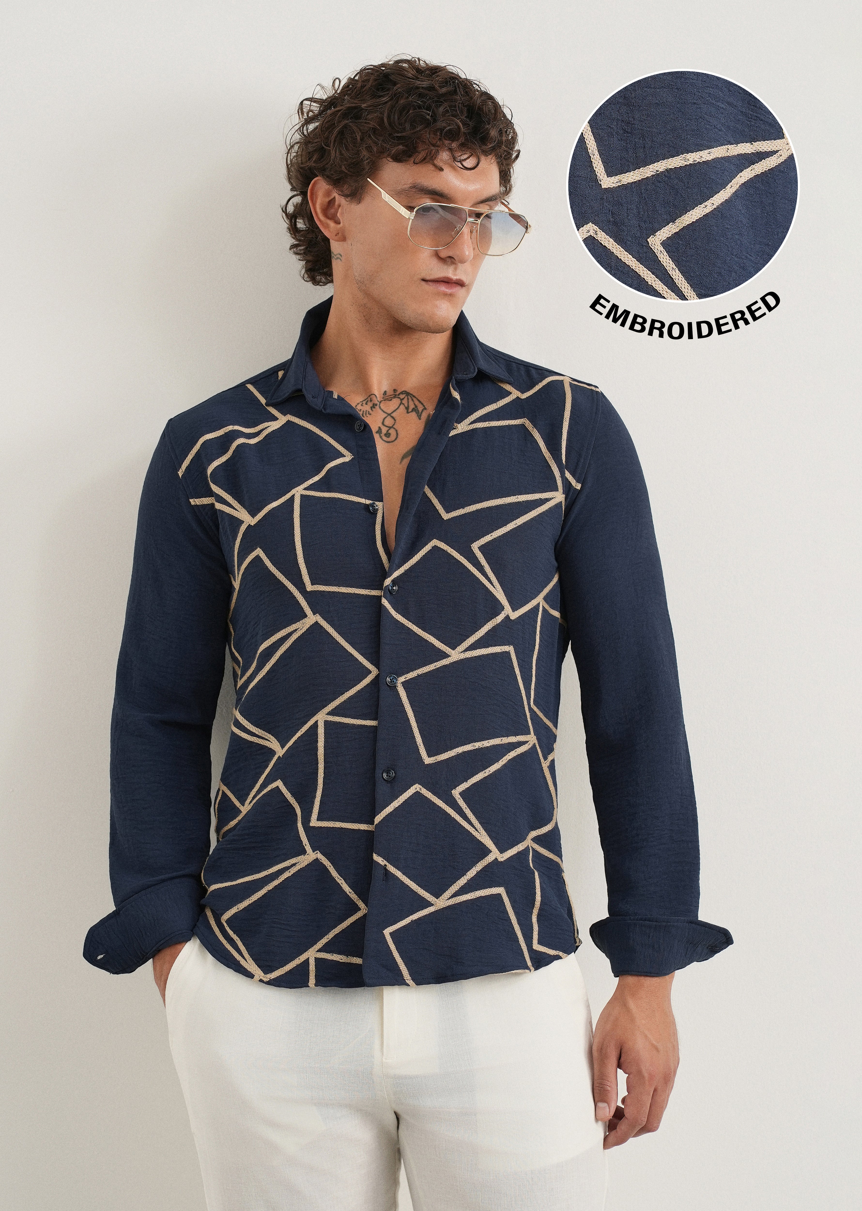 Navy Geometric Embroidered Shirt