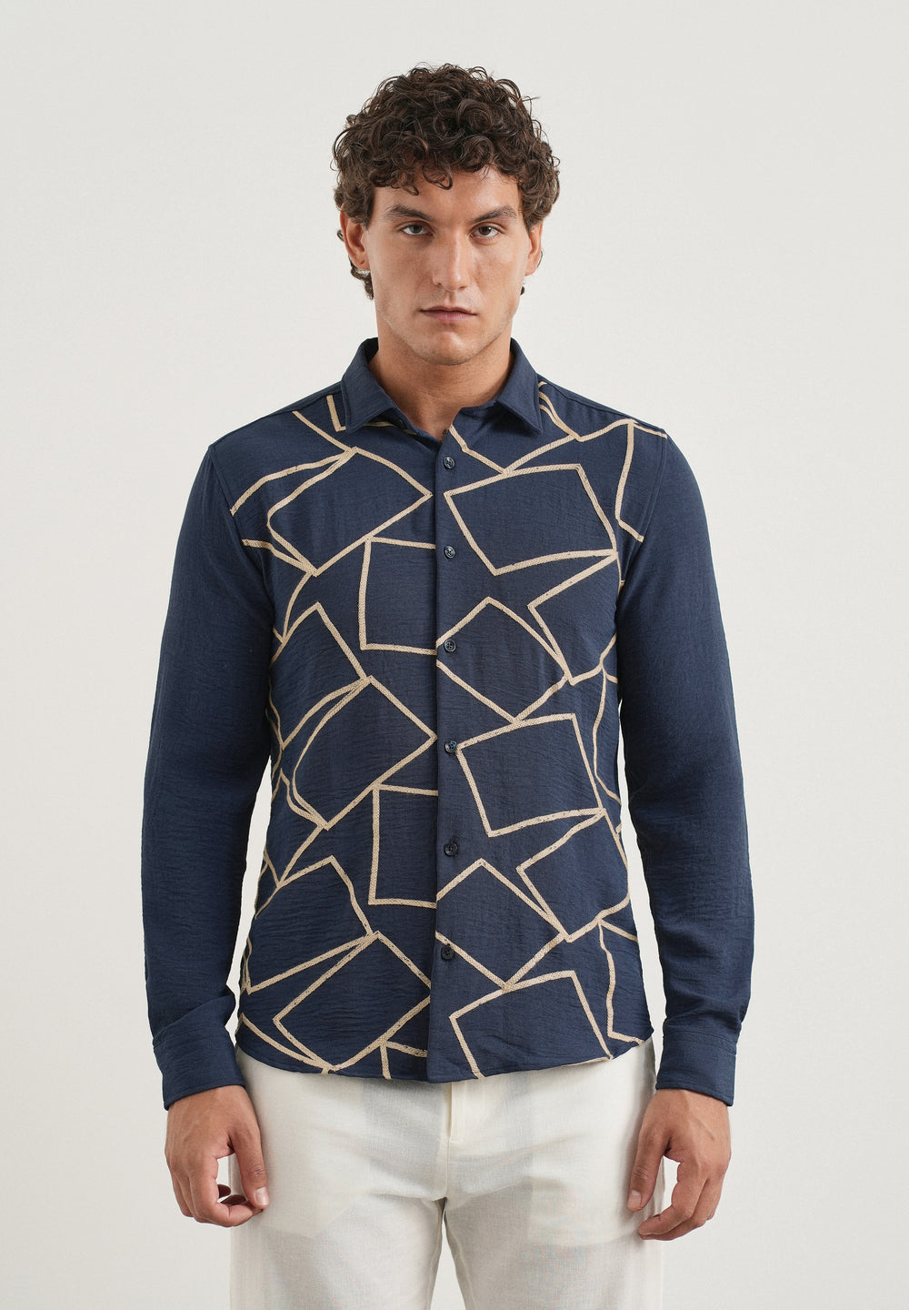 Navy Geometric Embroidered Shirt