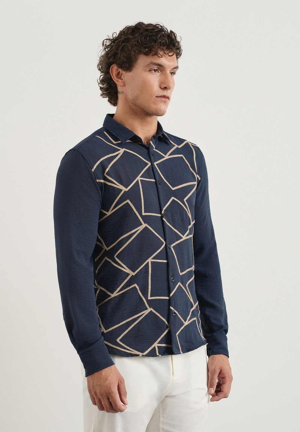Navy Geometric Embroidered Shirt