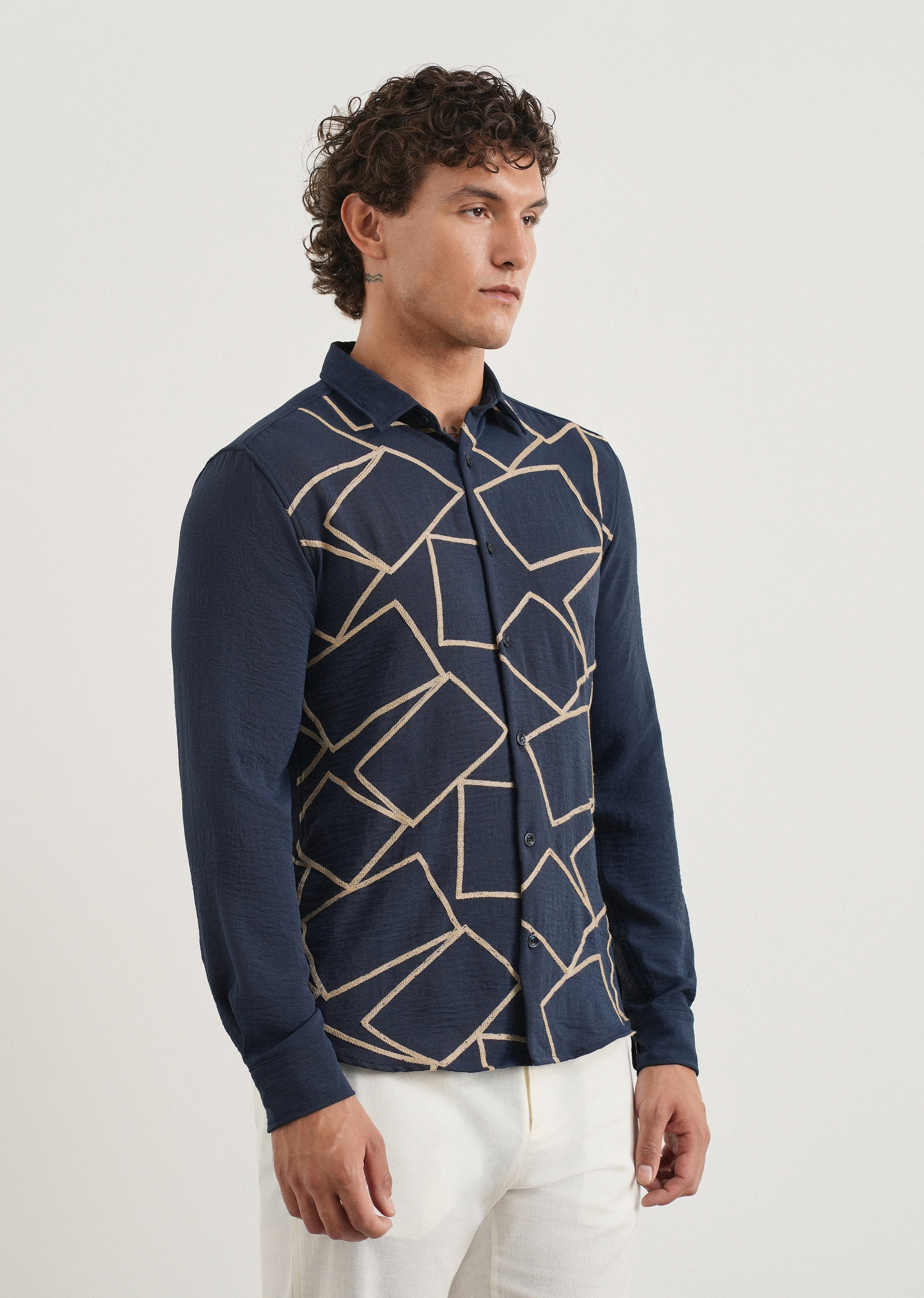 Navy Geometric Embroidered Shirt
