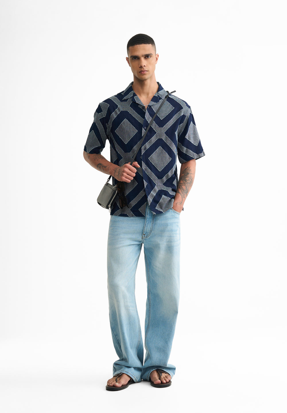 Navy Geometric Jacquard Boxy Shirt
