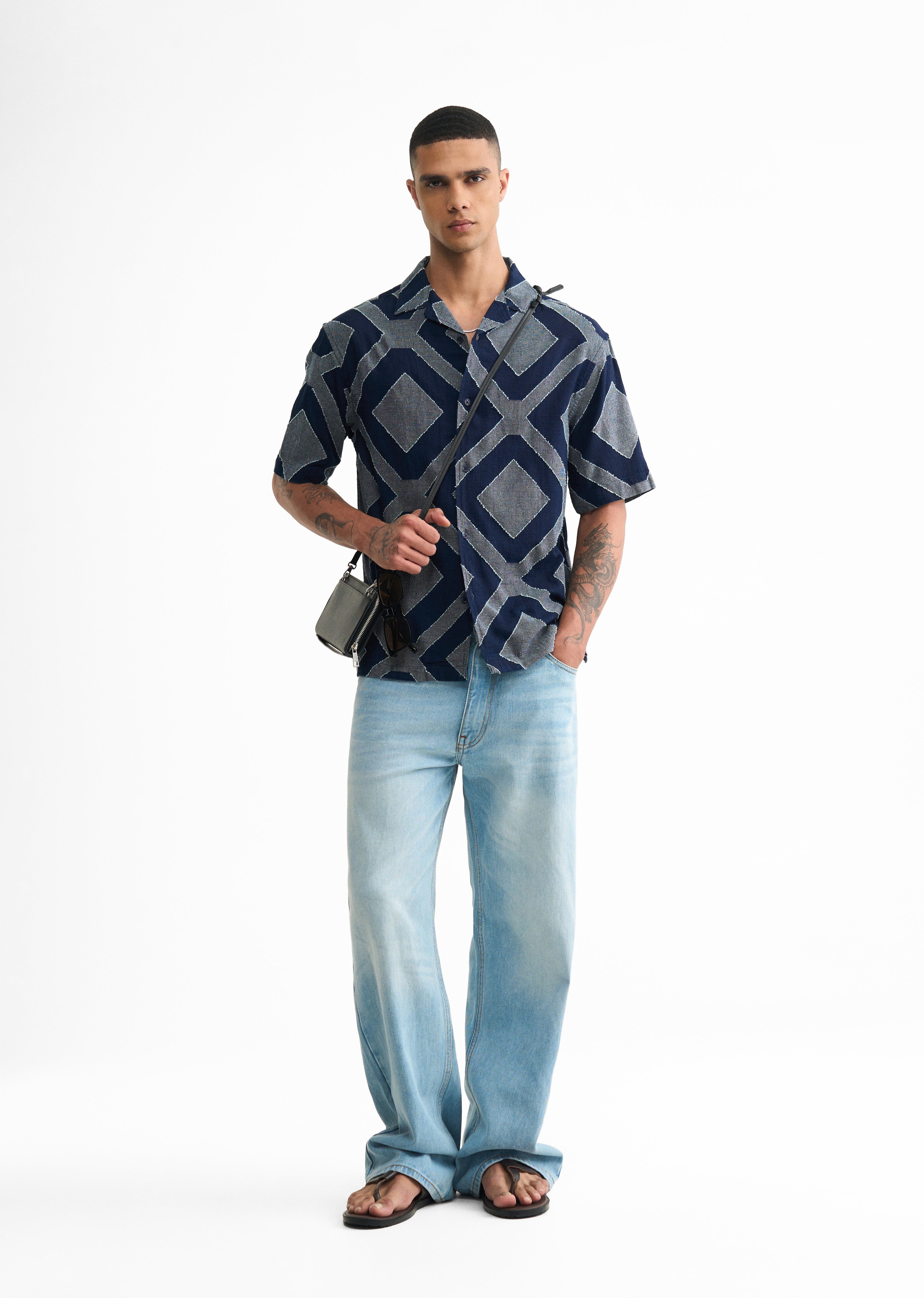 Navy Geometric Jacquard Boxy Shirt