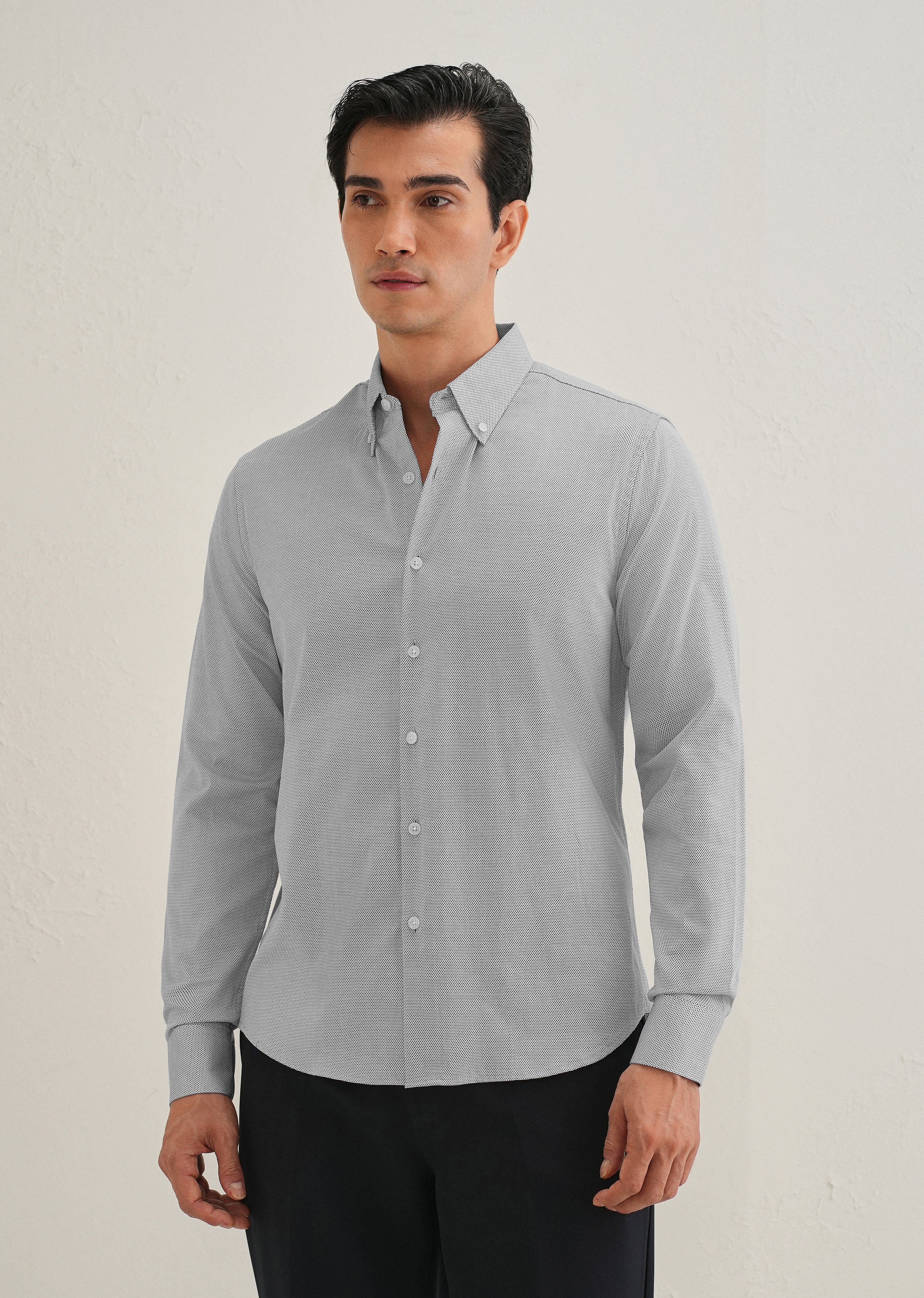 Navy Blue Micro-Dobby Cotton Shirt