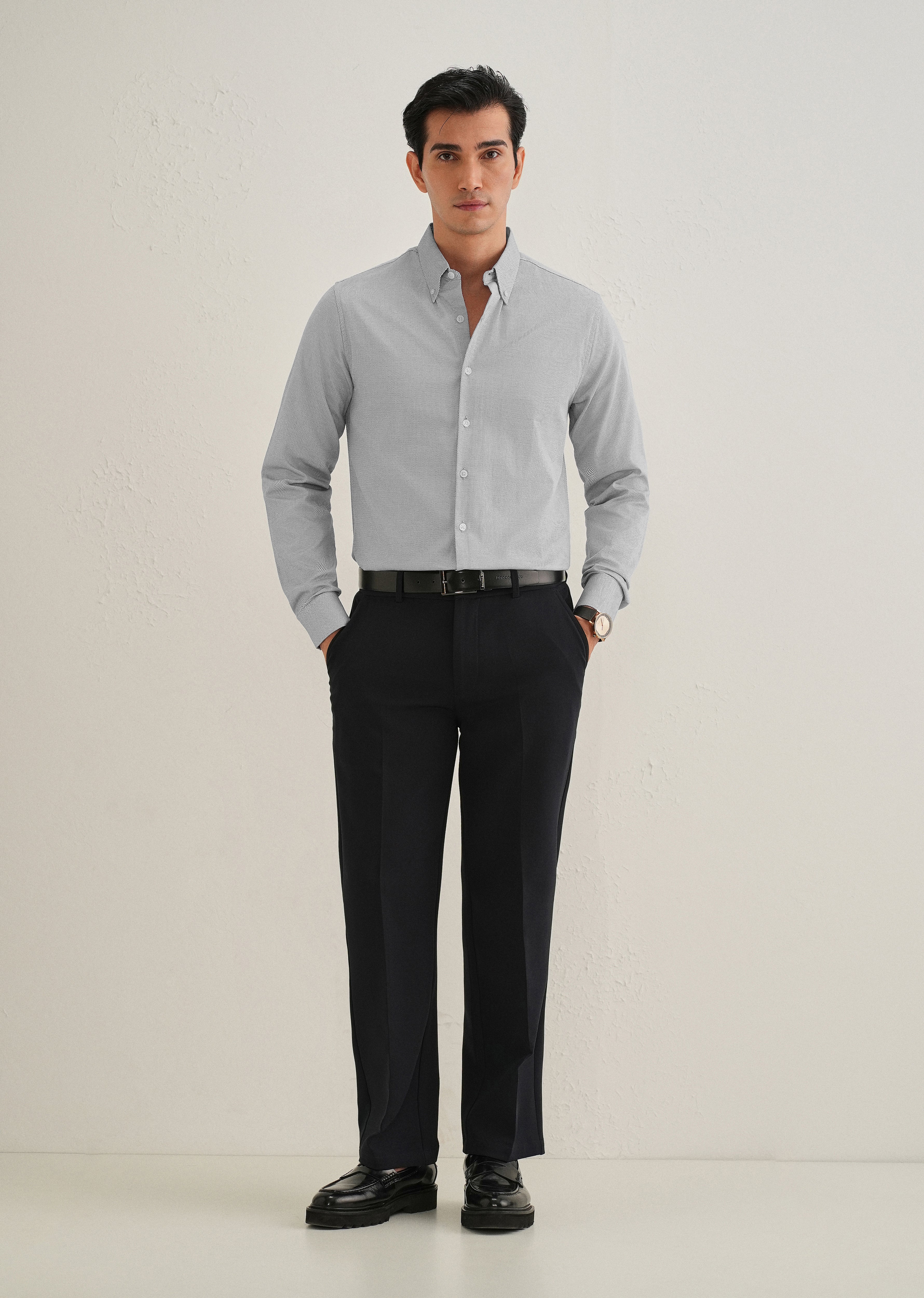 Navy Blue Micro-Dobby Cotton Shirt