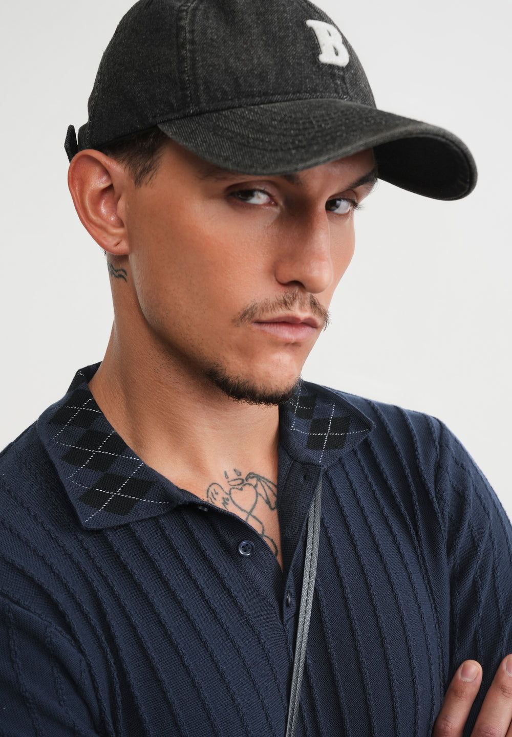 Navy Textured Knitted Polo
