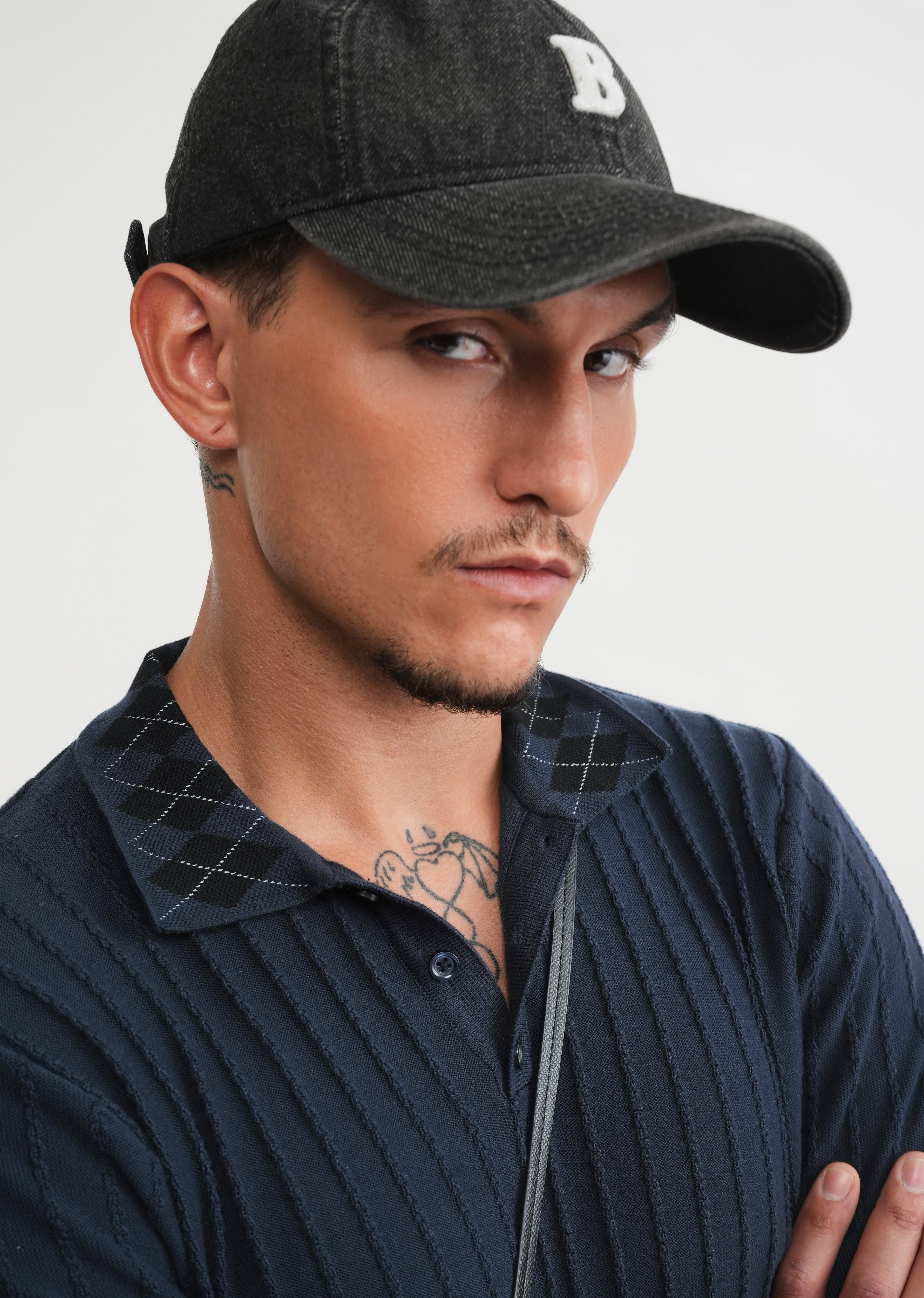 Navy Textured Knitted Polo
