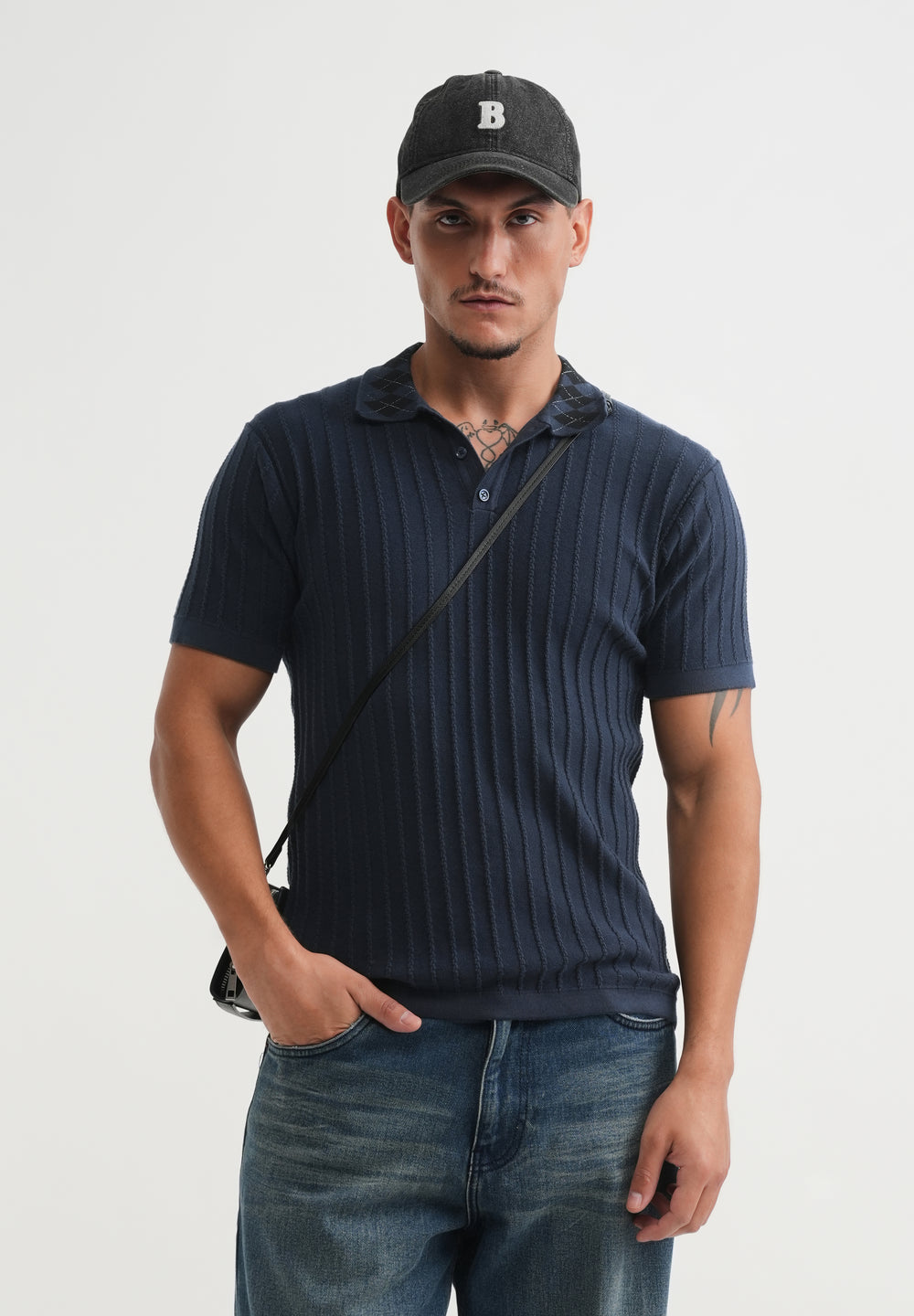 Navy Textured Knitted Polo
