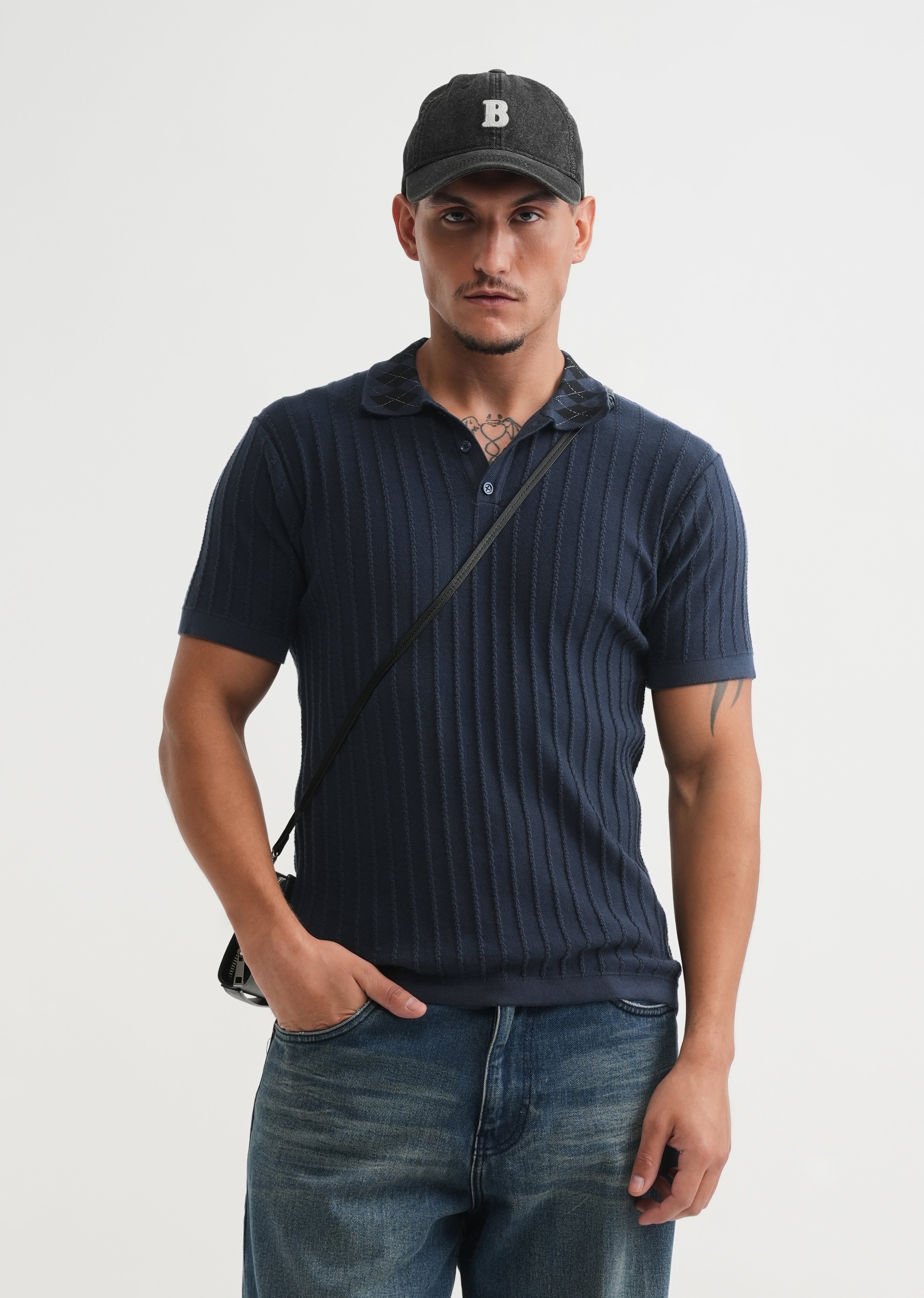 Navy Textured Knitted Polo