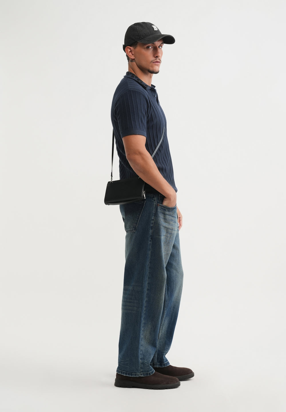 Navy Textured Knitted Polo