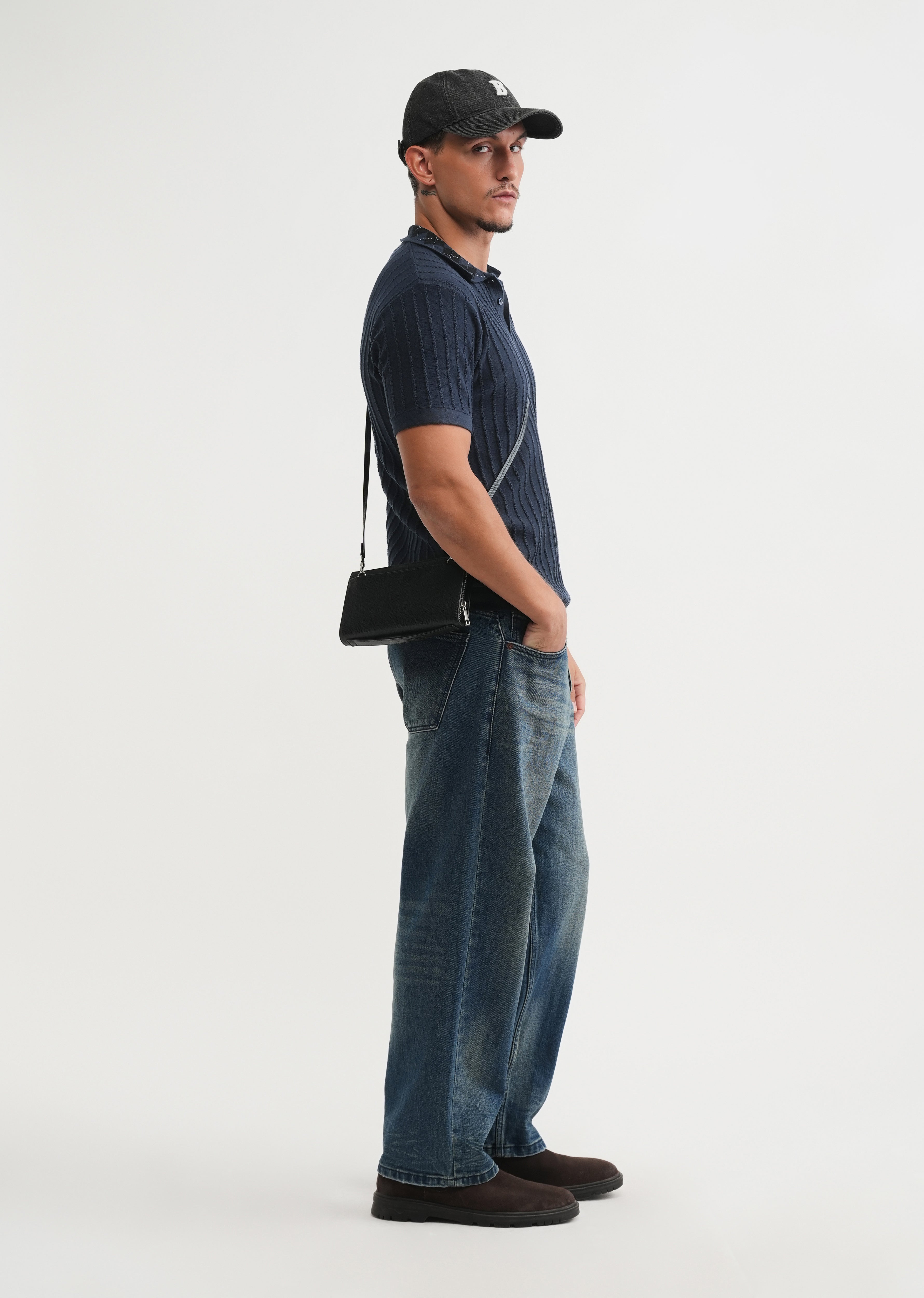 Navy Textured Knitted Polo