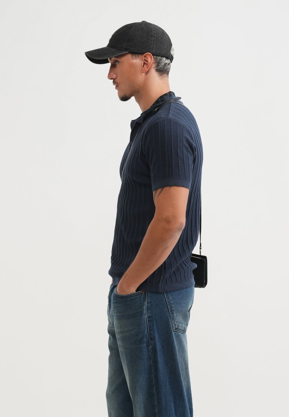 Navy Textured Knitted Polo