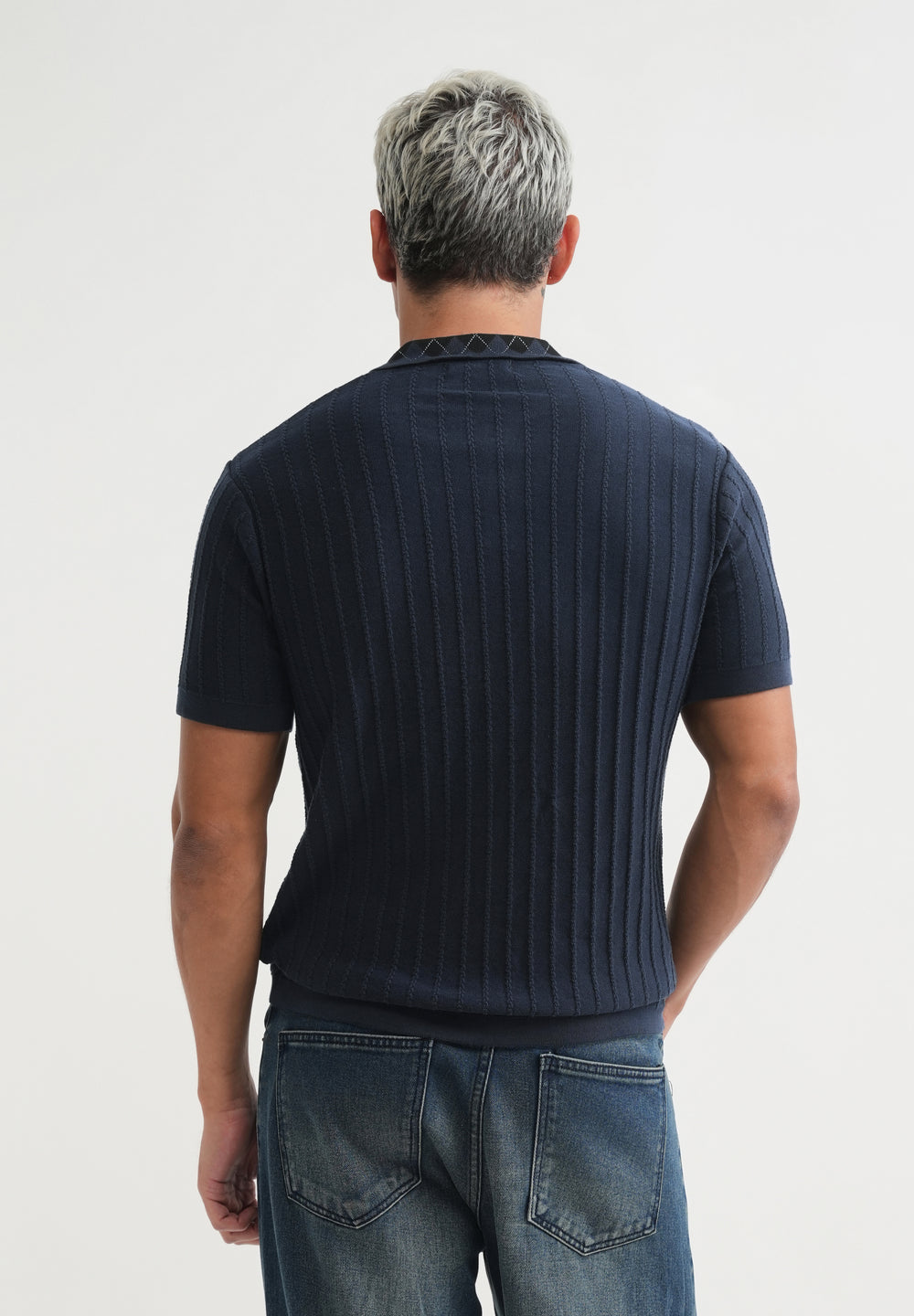 Navy Textured Knitted Polo