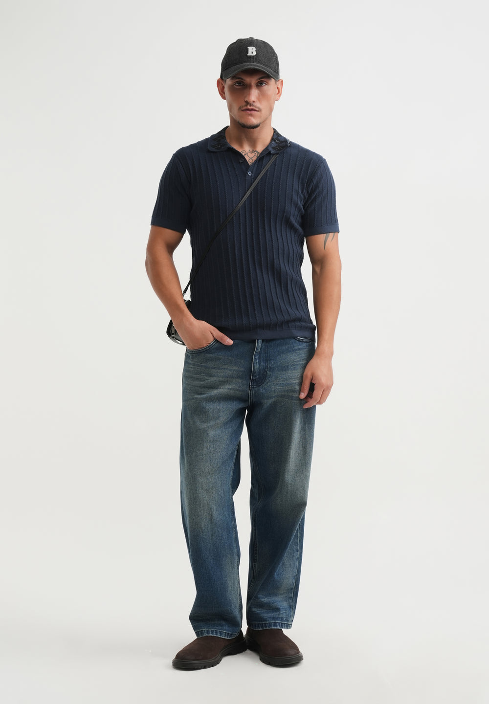 Navy Textured Knitted Polo