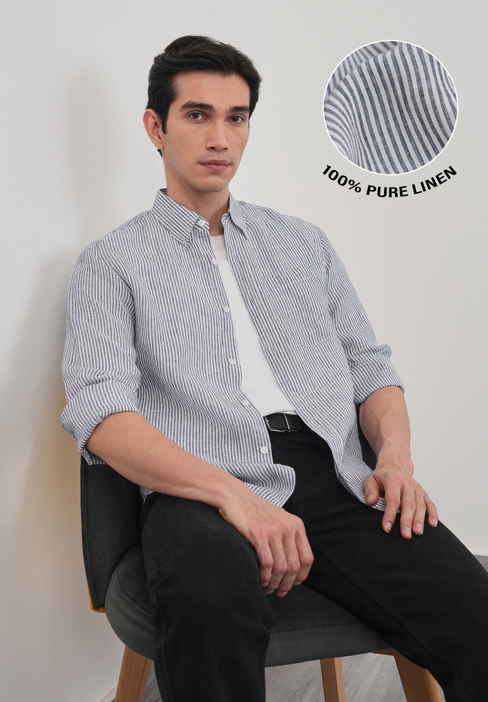 Navy Blue 100% Pure Linen Stripe Shirt