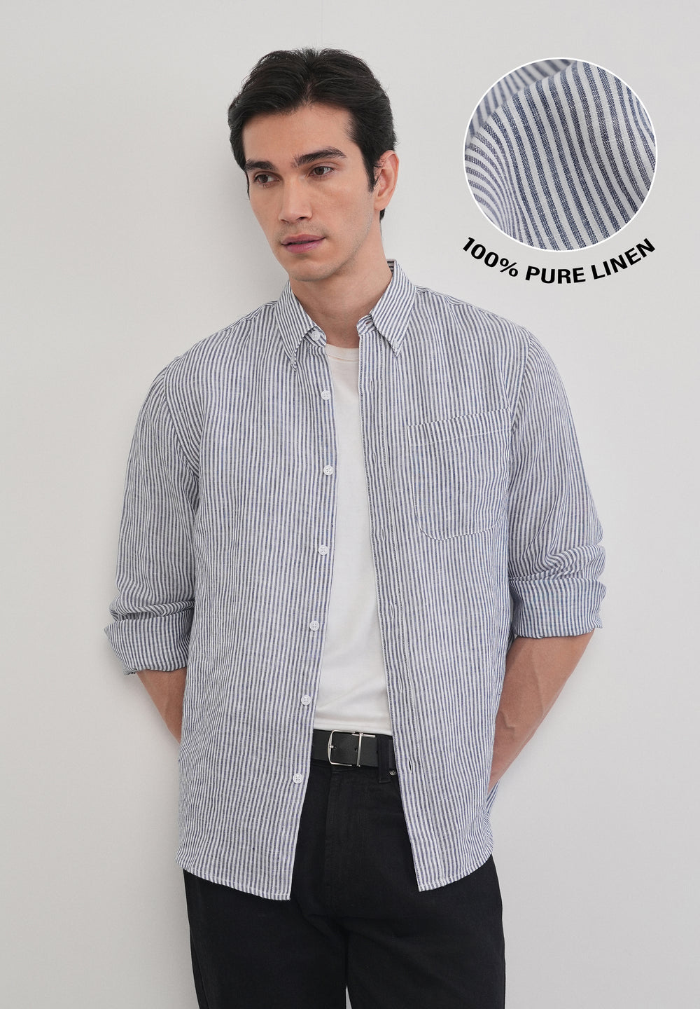 Navy Blue 100% Pure Linen Stripe Shirt