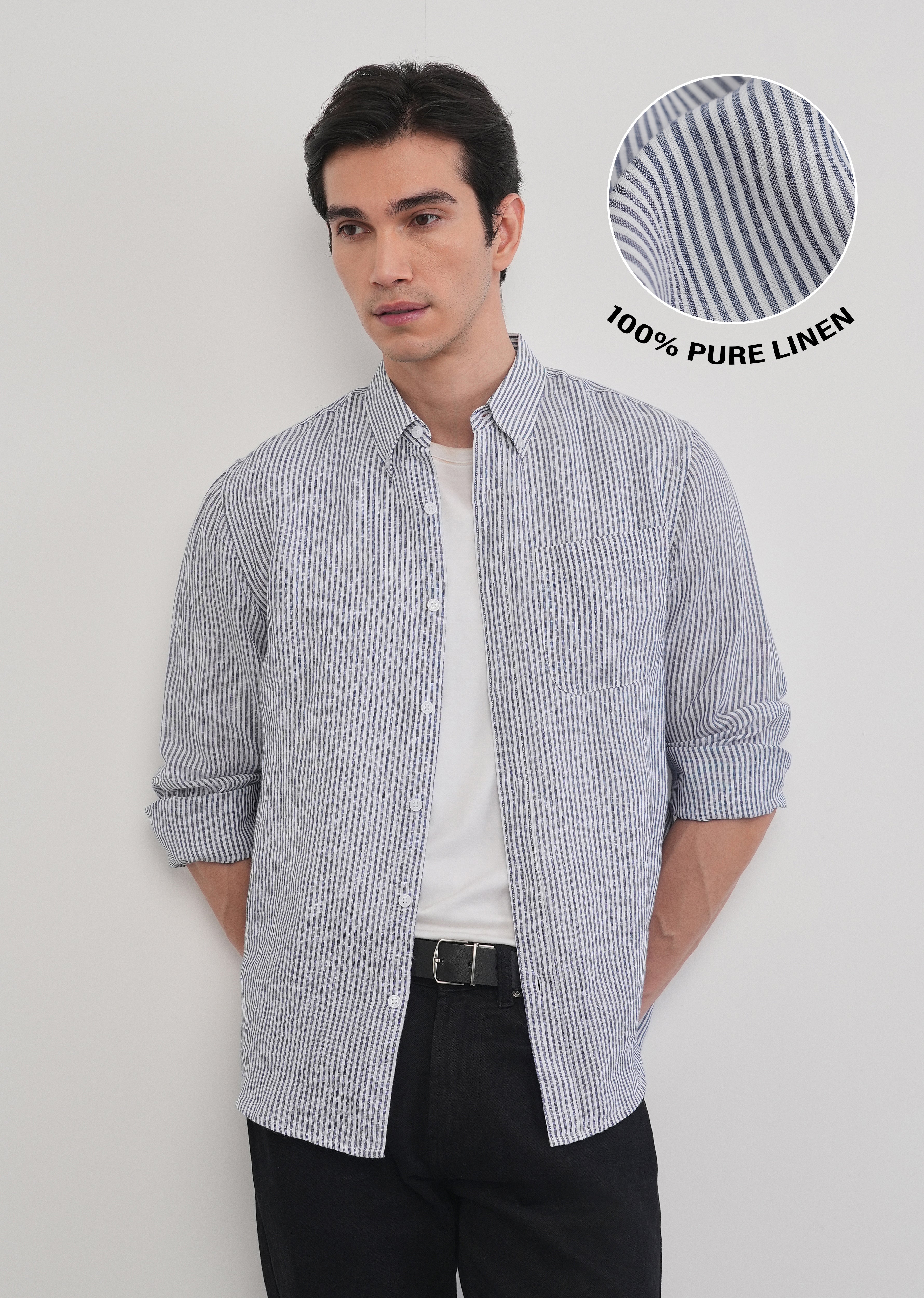 Navy Blue 100% Pure Linen Stripe Shirt