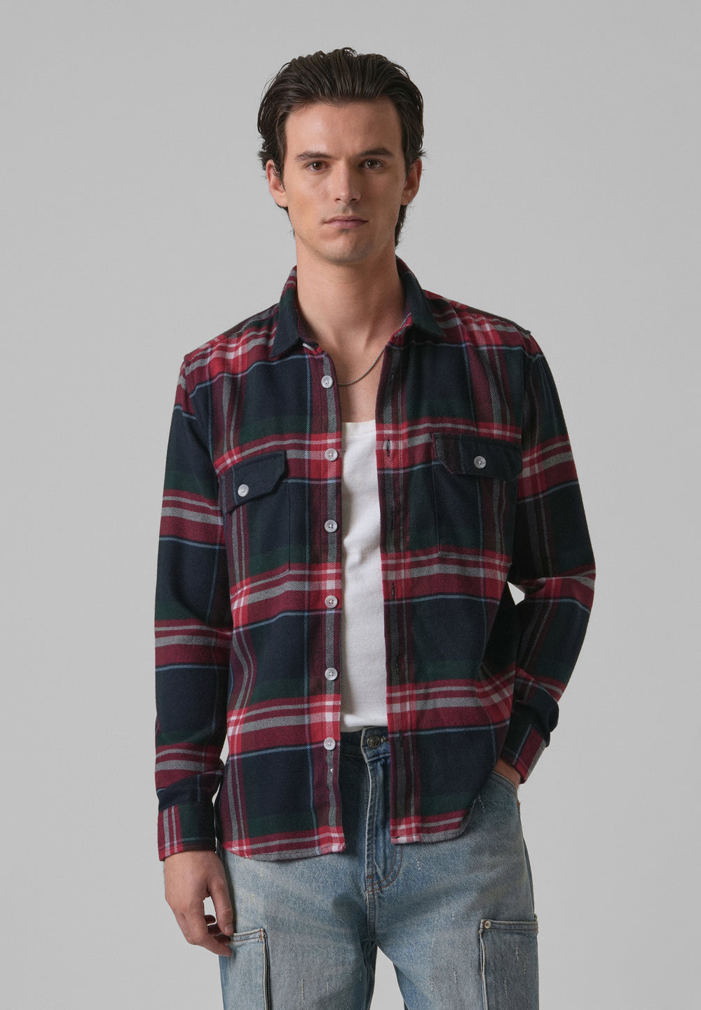 Navy Blue Brushed Cotton Check Shirt