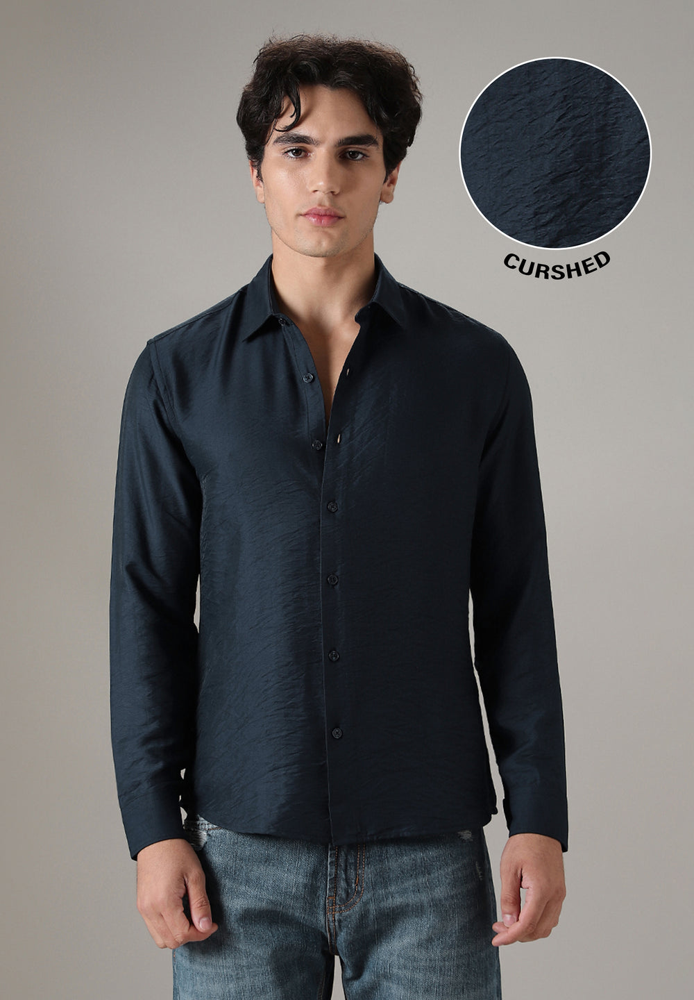Navy Blue Plain Crushed Satin Shirt