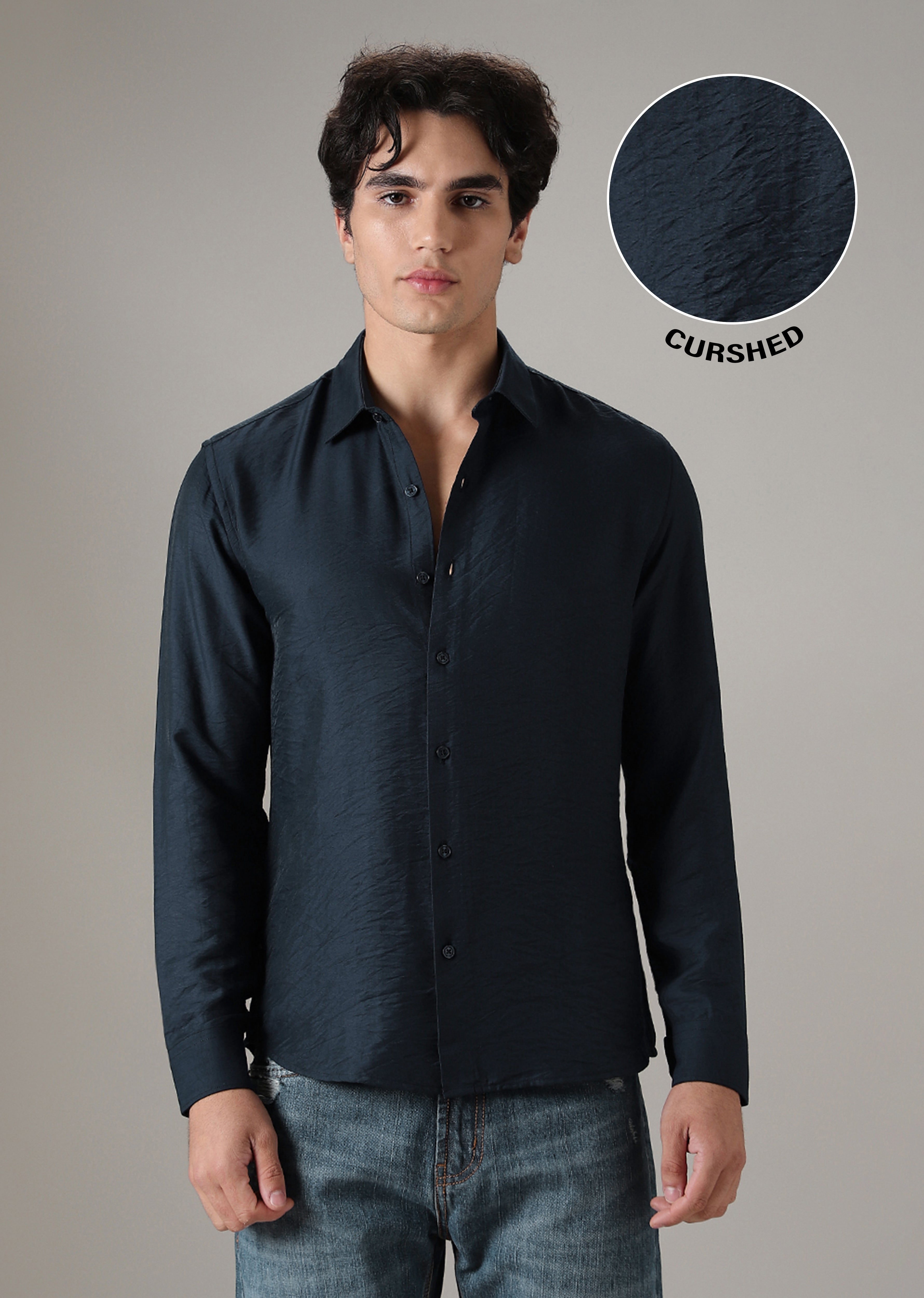 Navy Blue Plain Crushed Satin Shirt