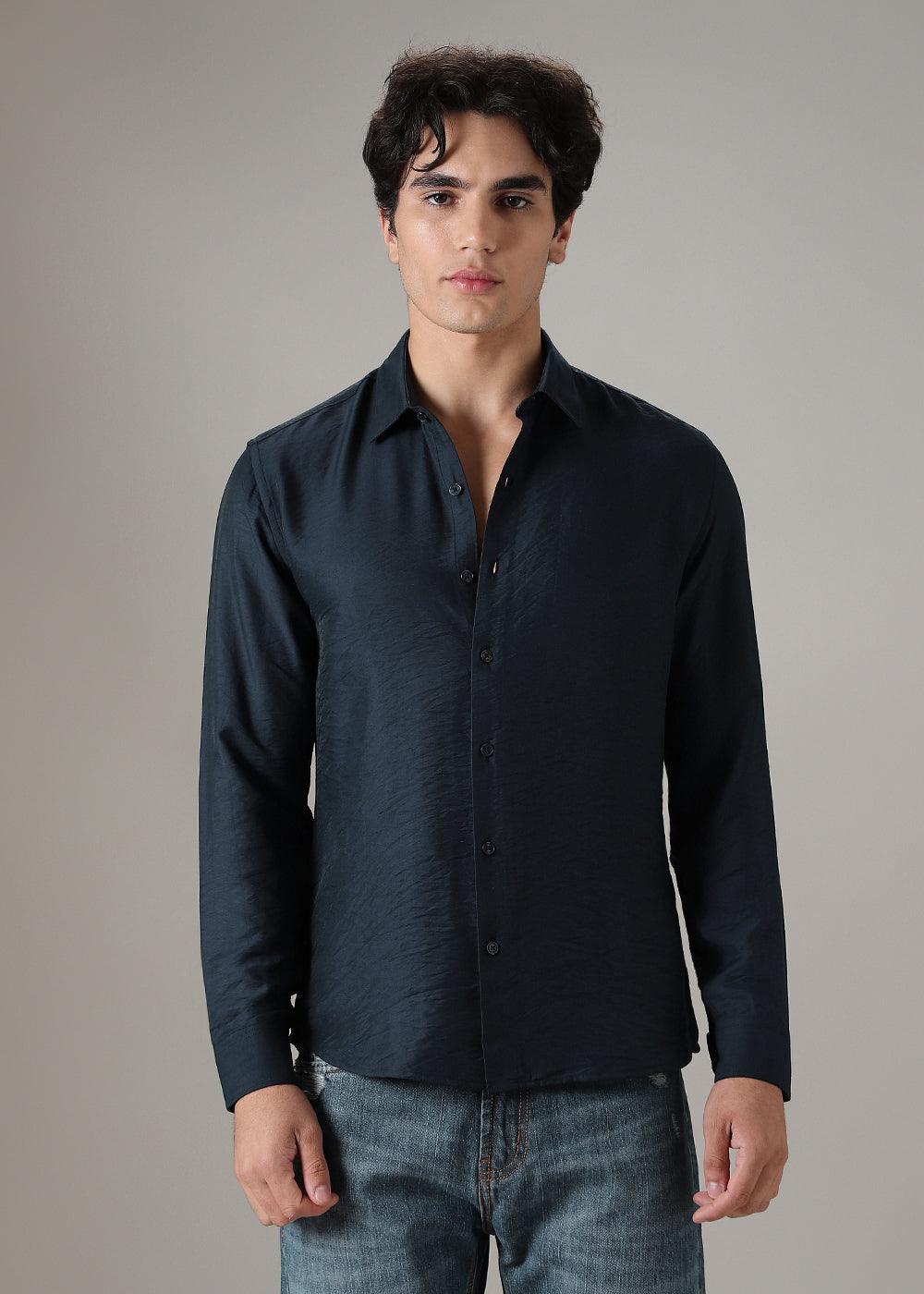 Navy Blue Plain Crushed Satin Shirt
