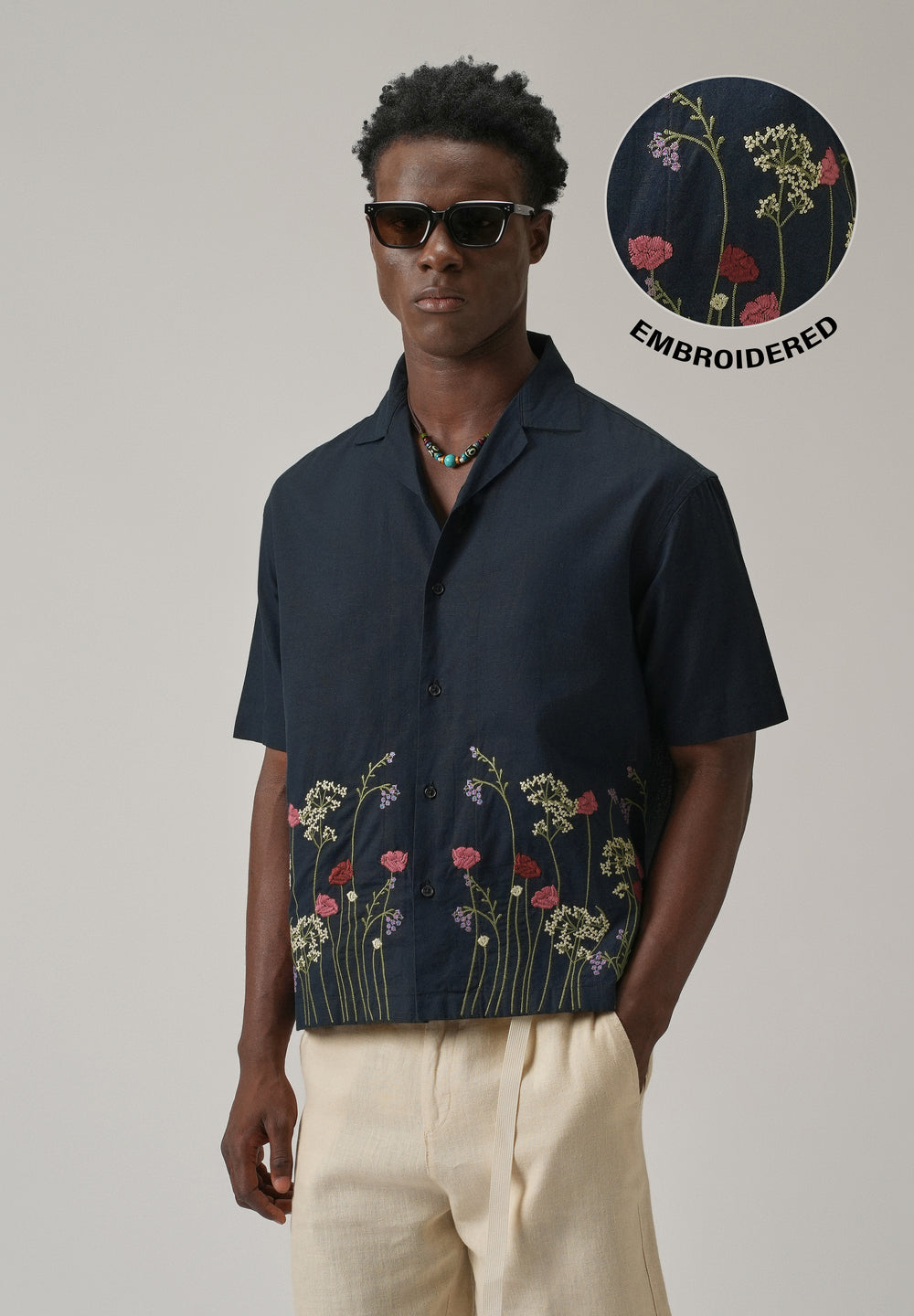Navy Blue Floral Embroidery Linen Shirt