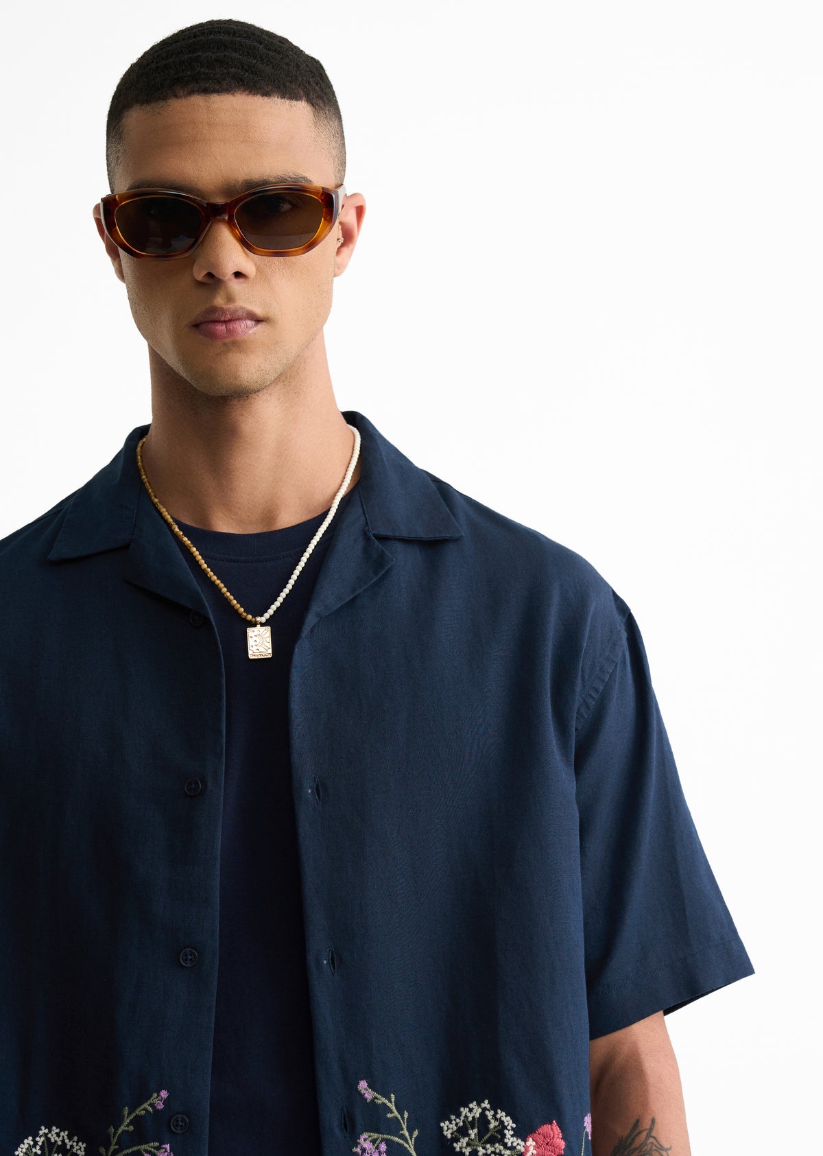 Navy Blue Floral Embroidery Linen Shirt
