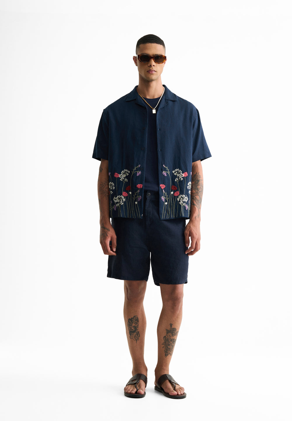 Navy Blue Floral Embroidery Linen Shirt