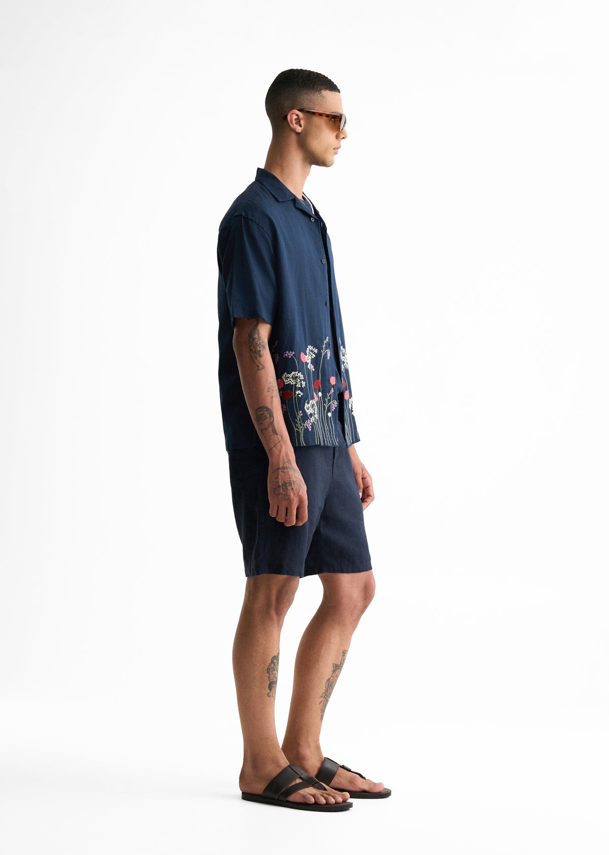 Navy Blue Floral Embroidery Linen Shirt