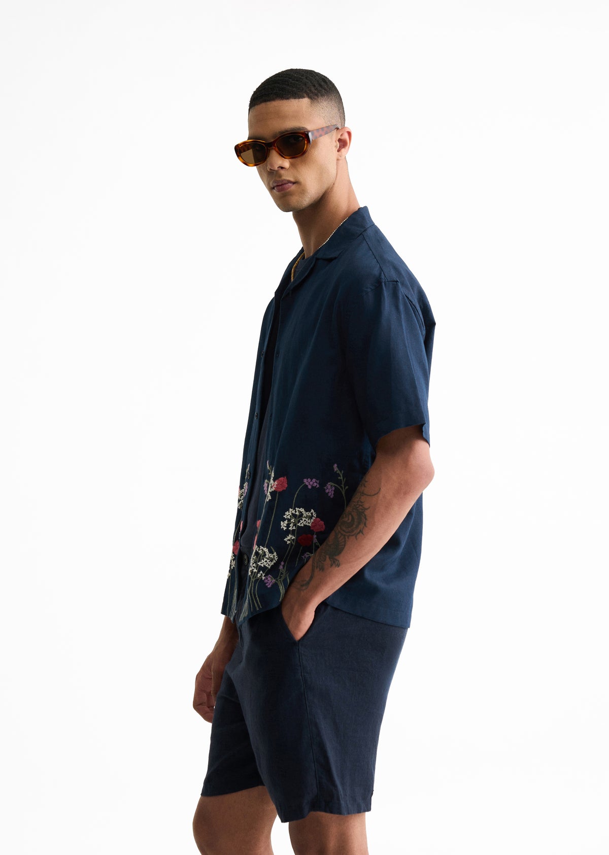 Navy Blue Floral Embroidery Linen Shirt