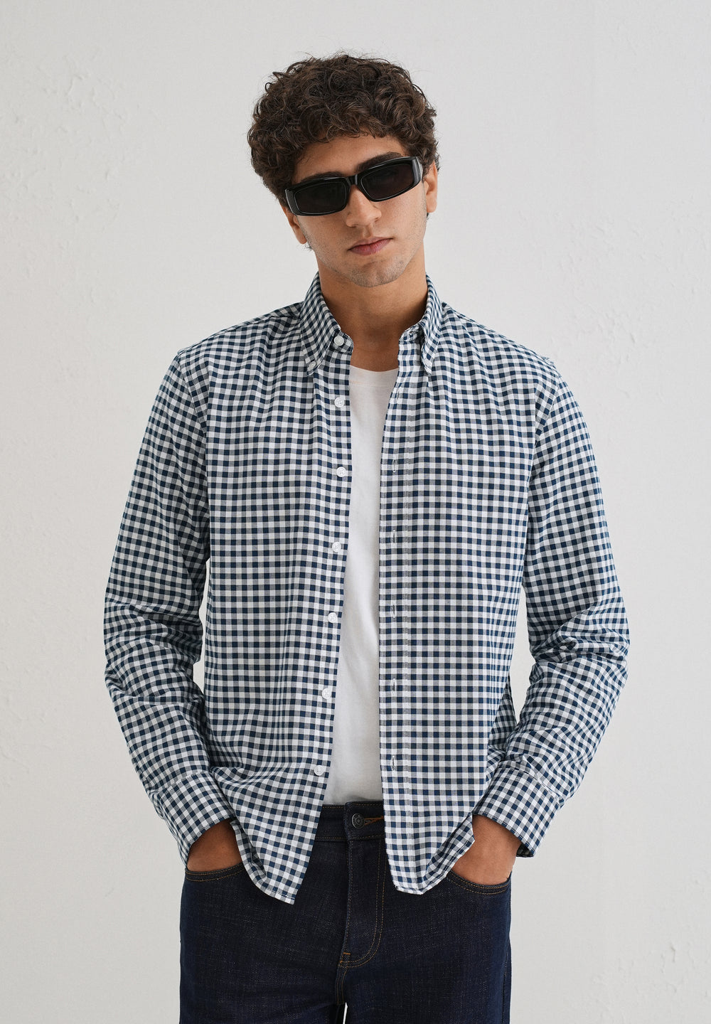 Navy Blue Gingham Check Cotton Oxford Shirt