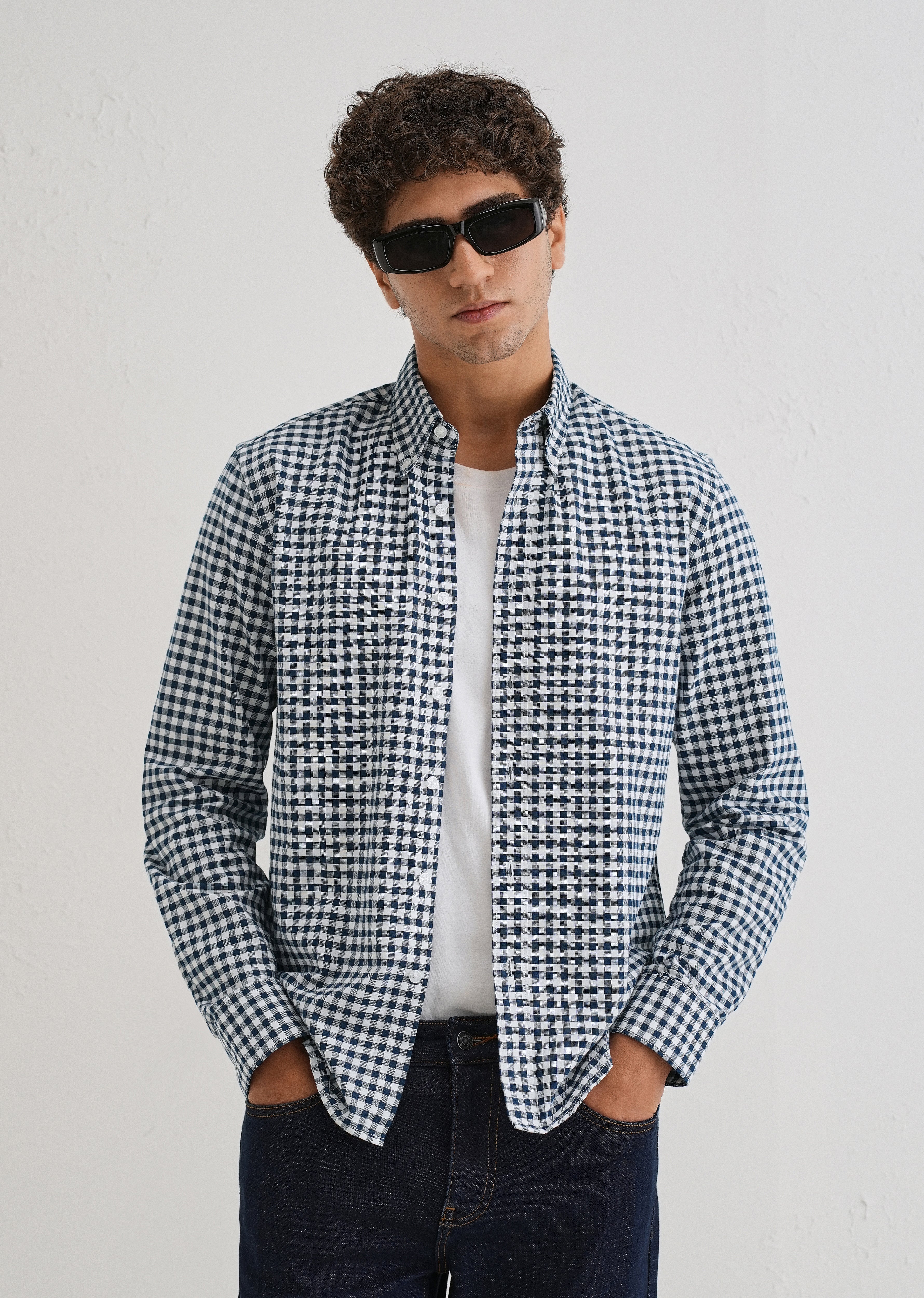Navy Blue Gingham Check Cotton Oxford Shirt