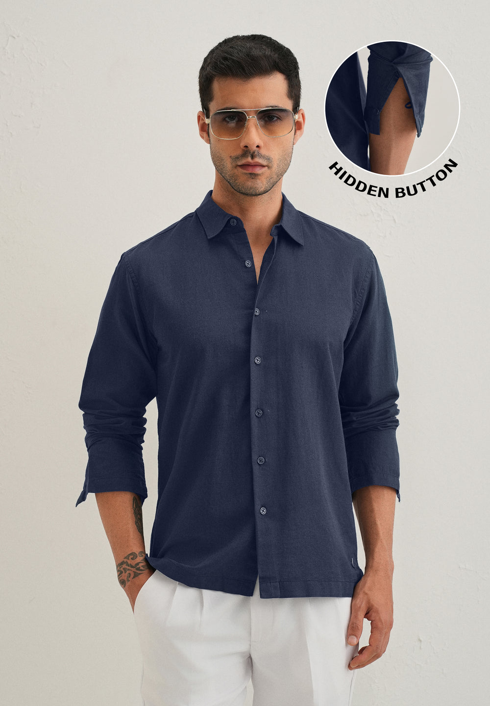 Navy Blue Hidden Sleeve Placket Cotton Linen Shirt