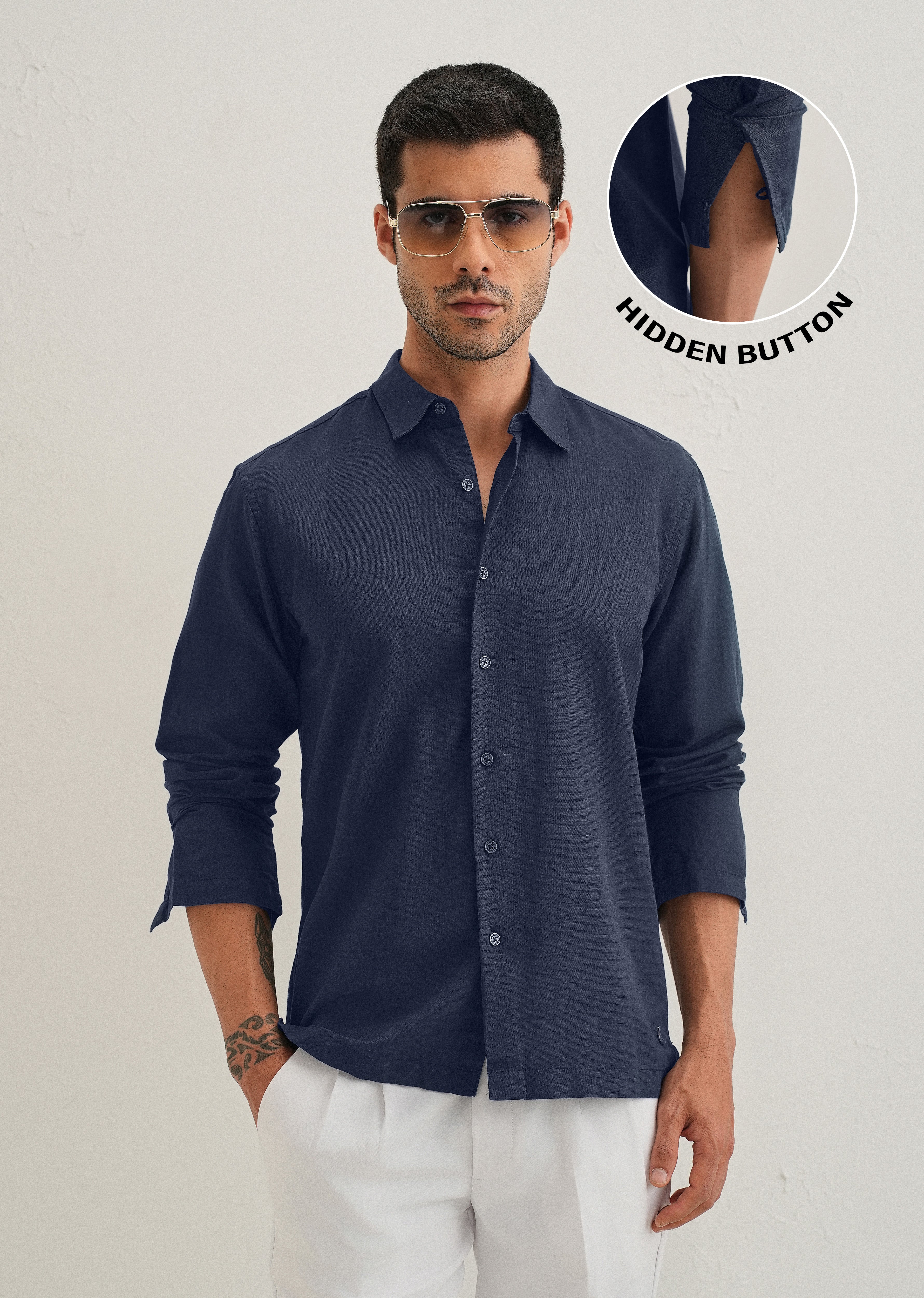 Navy Blue Hidden Sleeve Placket Cotton Linen Shirt