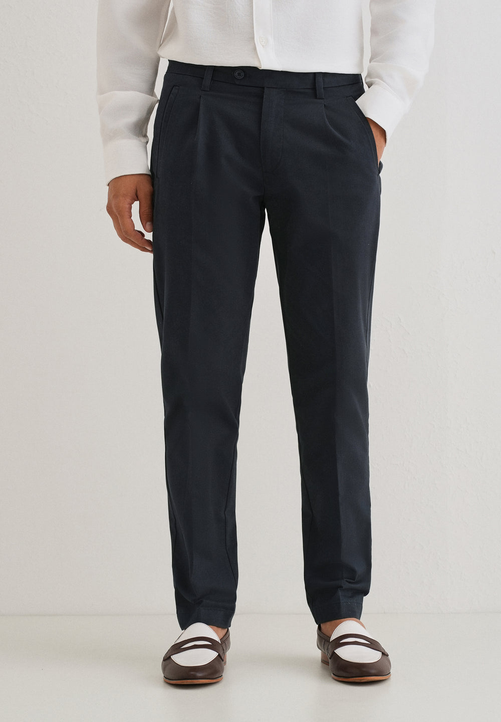 Navy Blue Plain Pleated Chinos