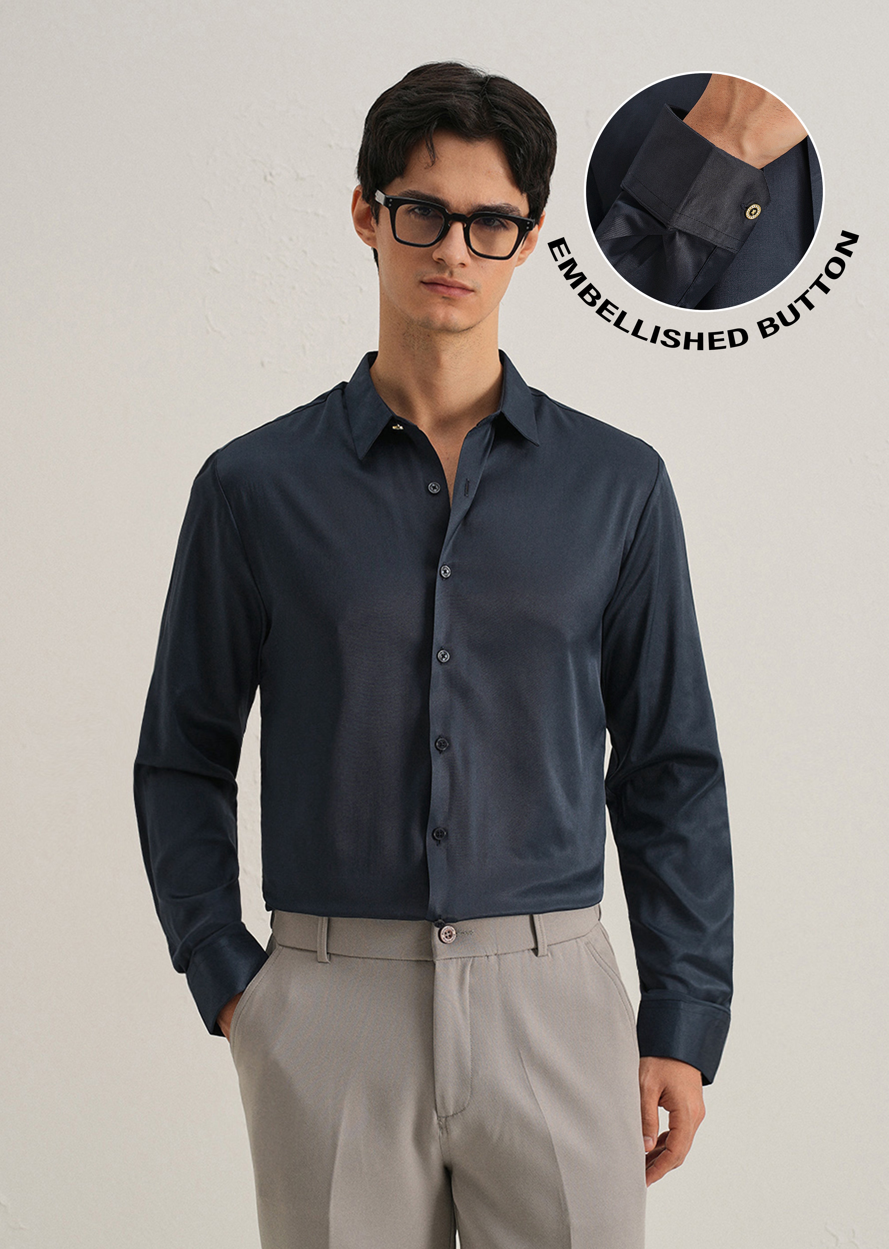 Navy Blue Plain Stitchless Placket Shirt