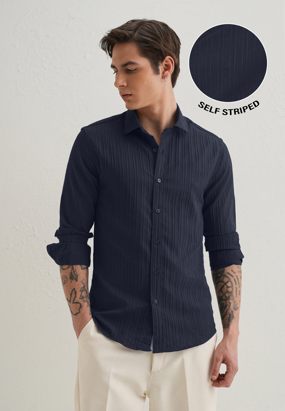 Navy Blue Plain Self Striped Shirt