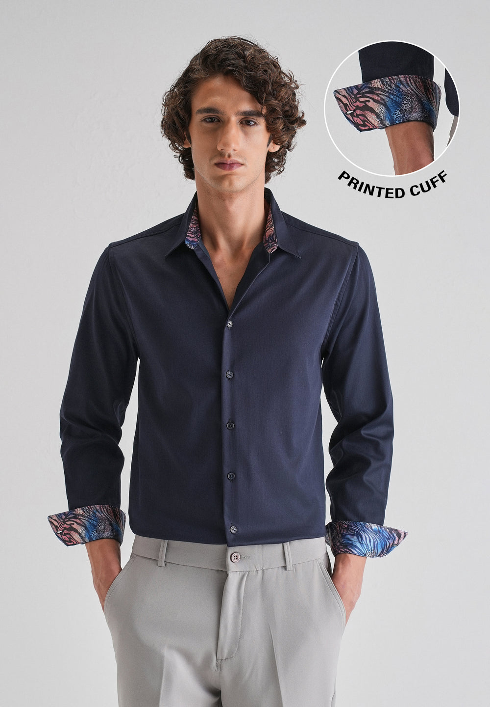 Navy Blue Printed Cuff Shirt