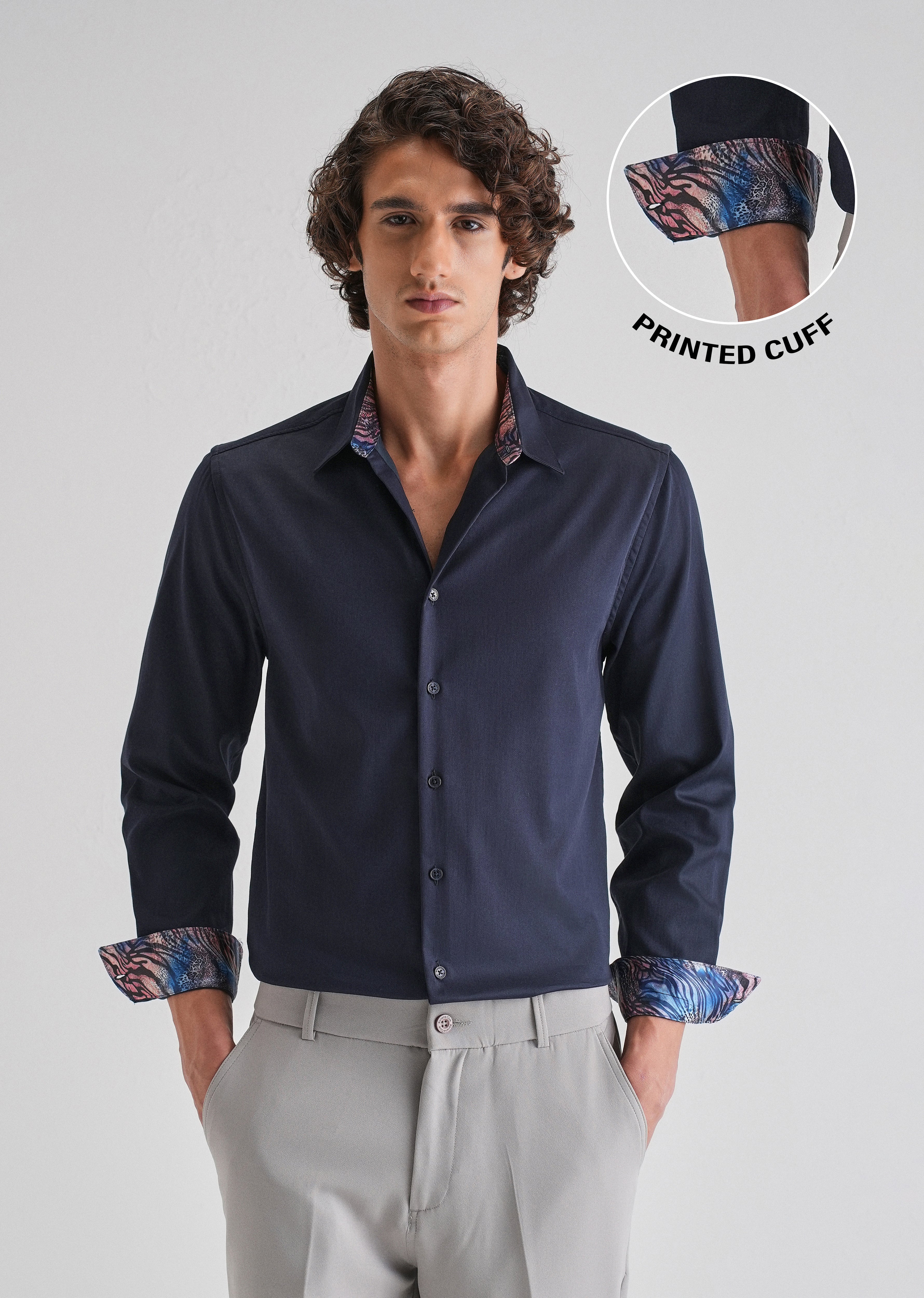 Navy Blue Printed Cuff Shirt