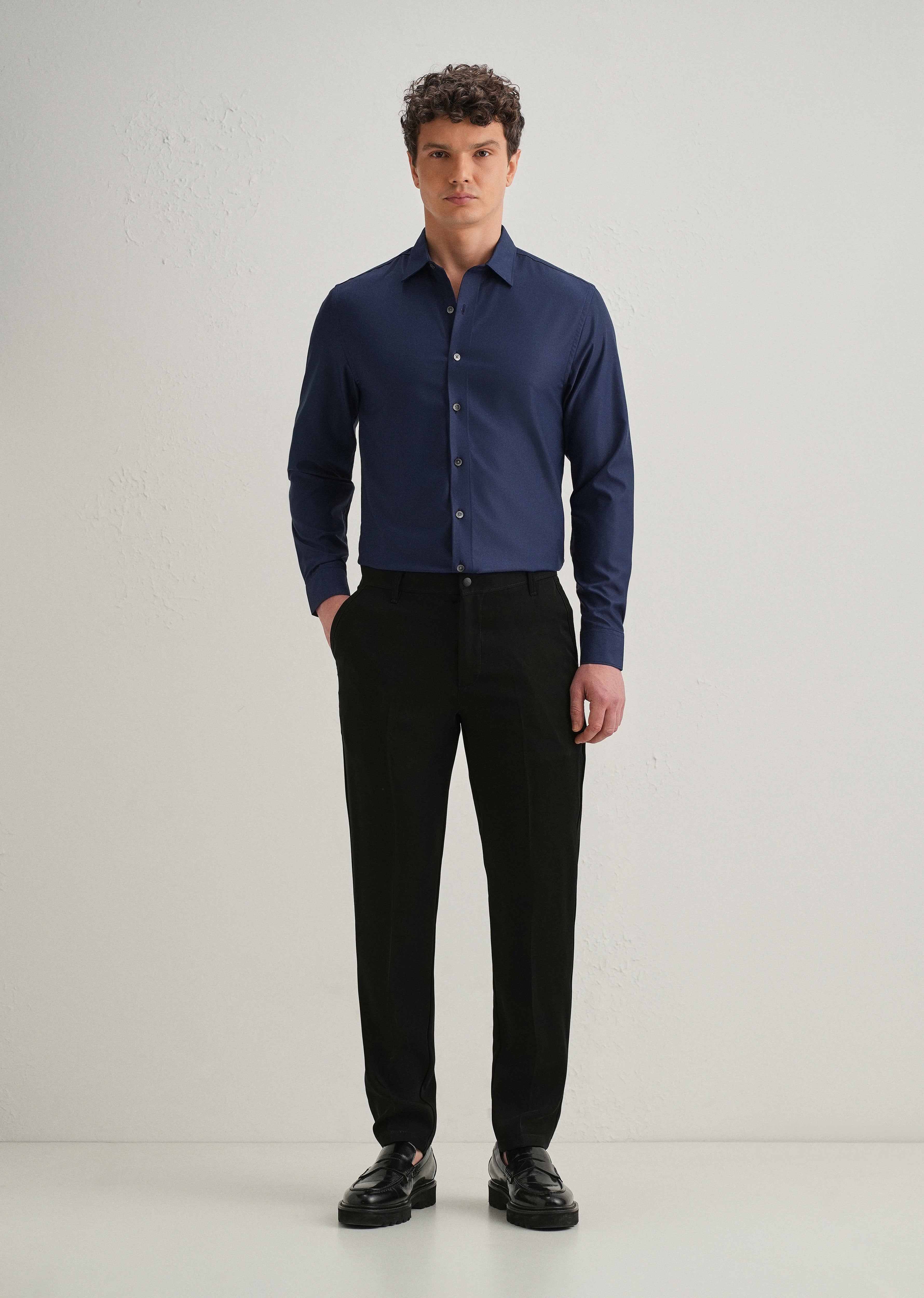 Navy Blue Stitchless Placket Plain Shirt