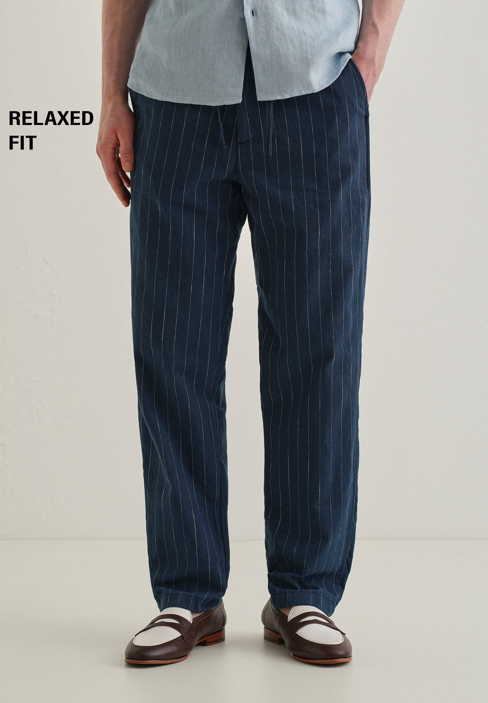 Navy Blue Stripe Relaxed Linen Trouser