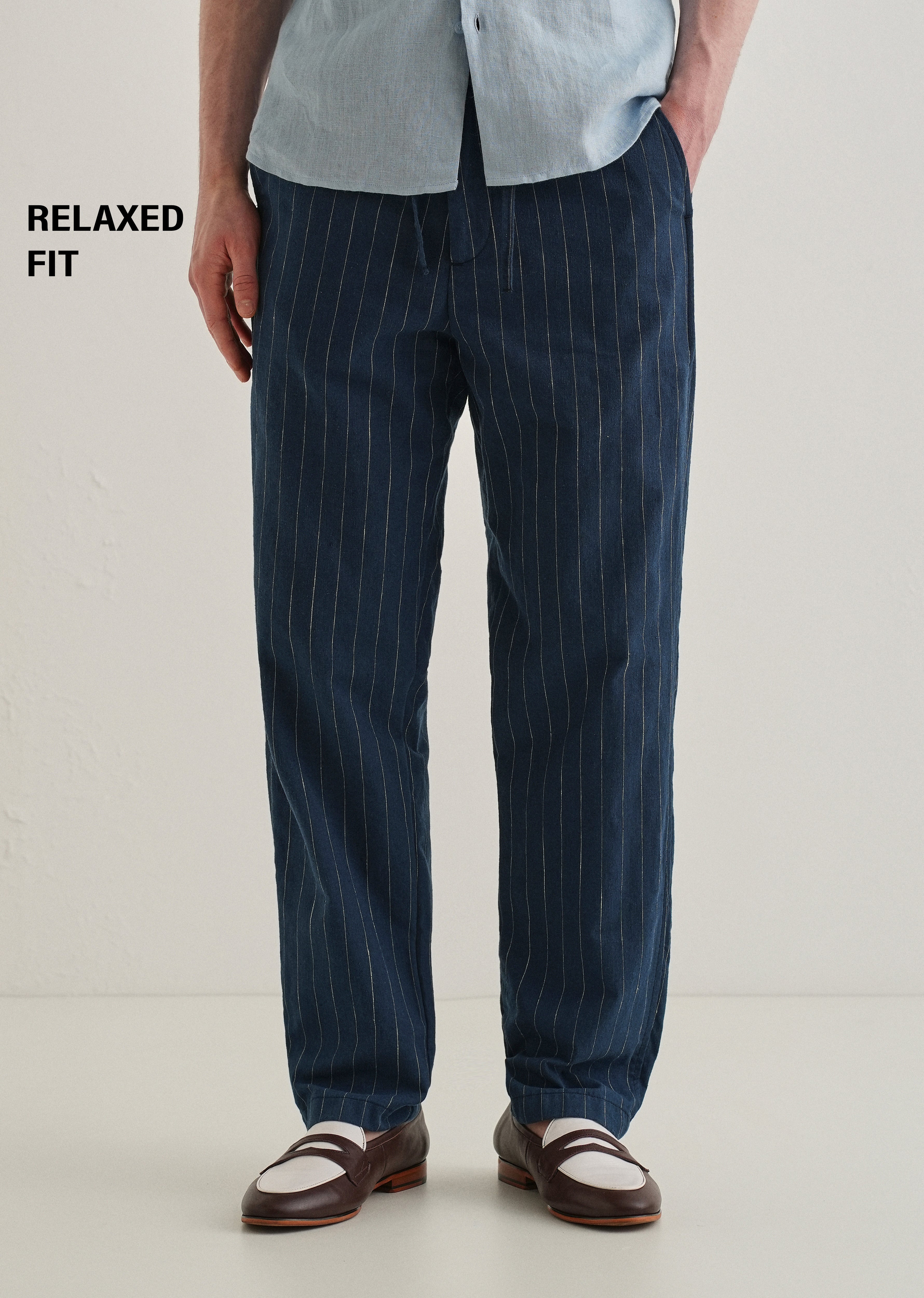 Navy Blue Stripe Relaxed Linen Trouser